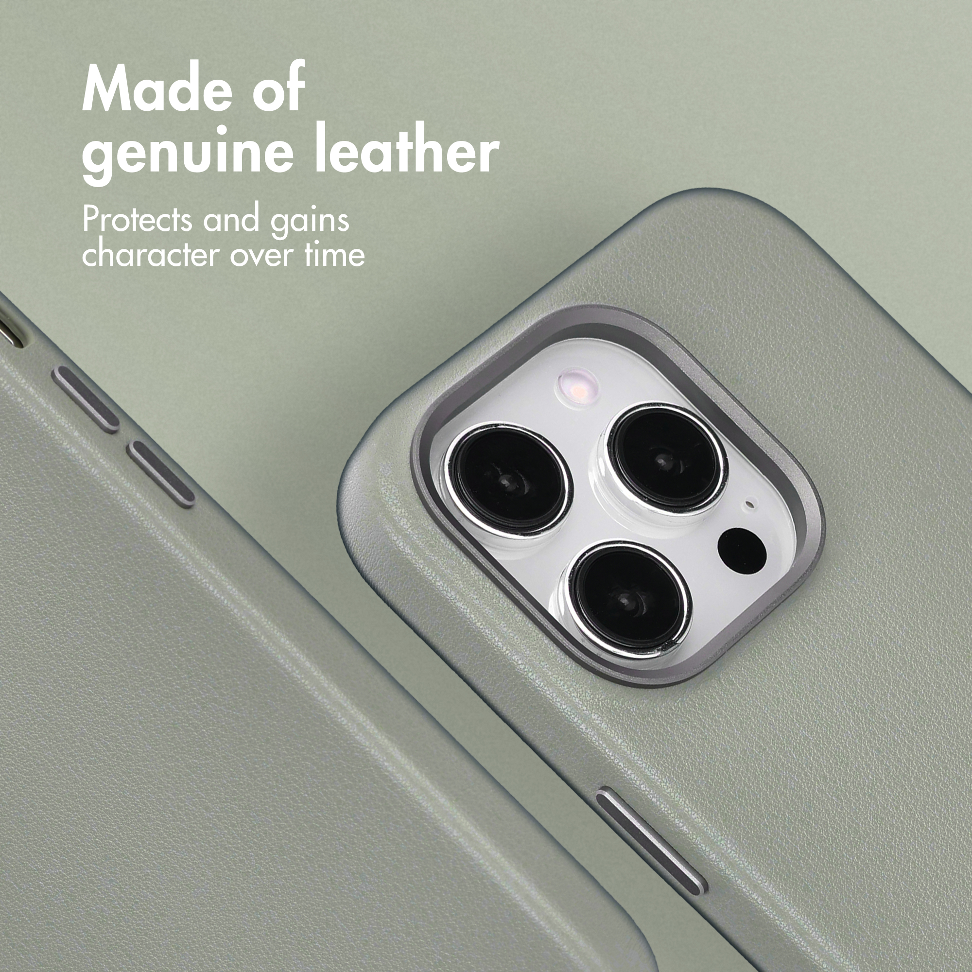 Custodia per smartphone in pelle verde con tripla fotocamera e testo.