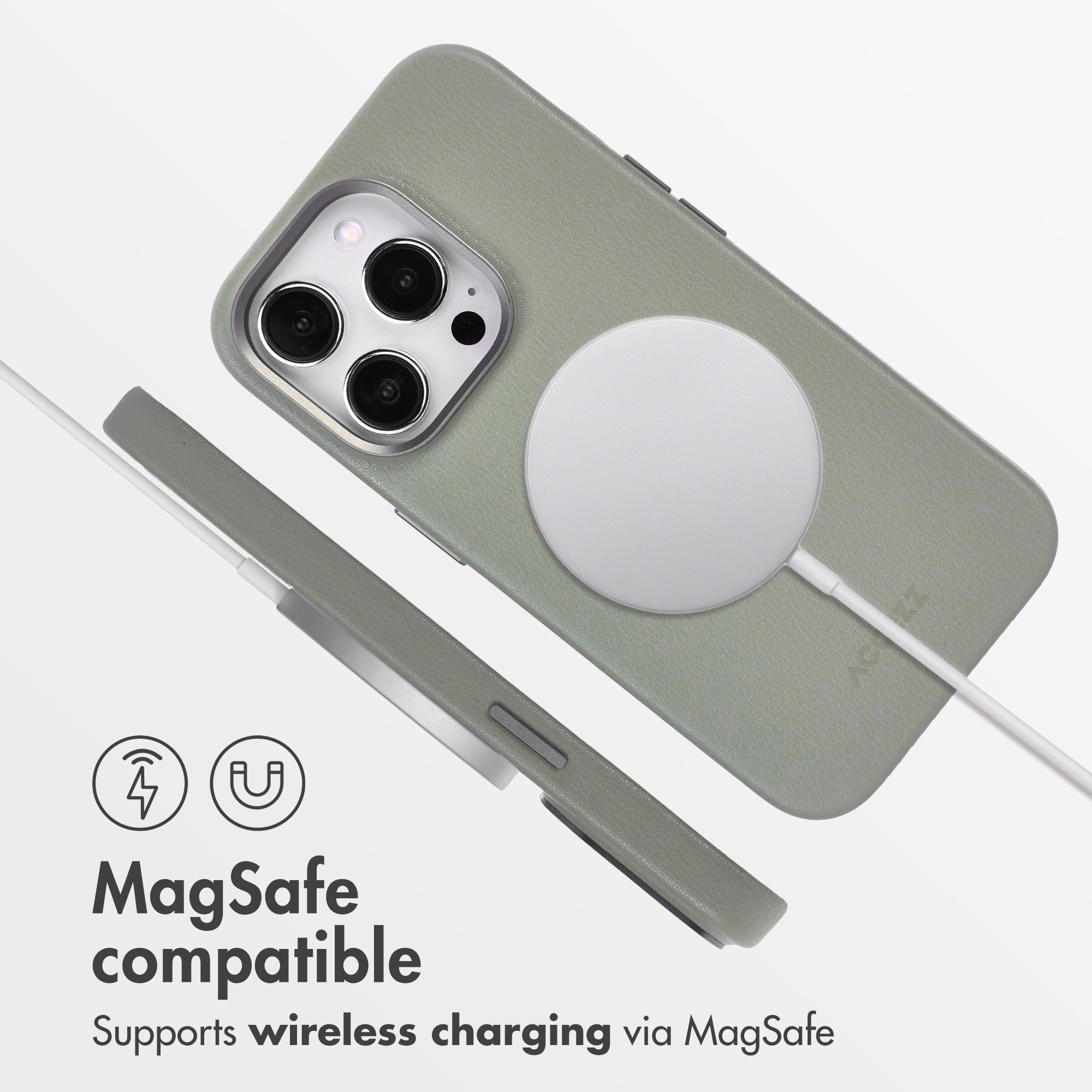 Custodia per smartphone grigia compatibile MagSafe con caricatore.
