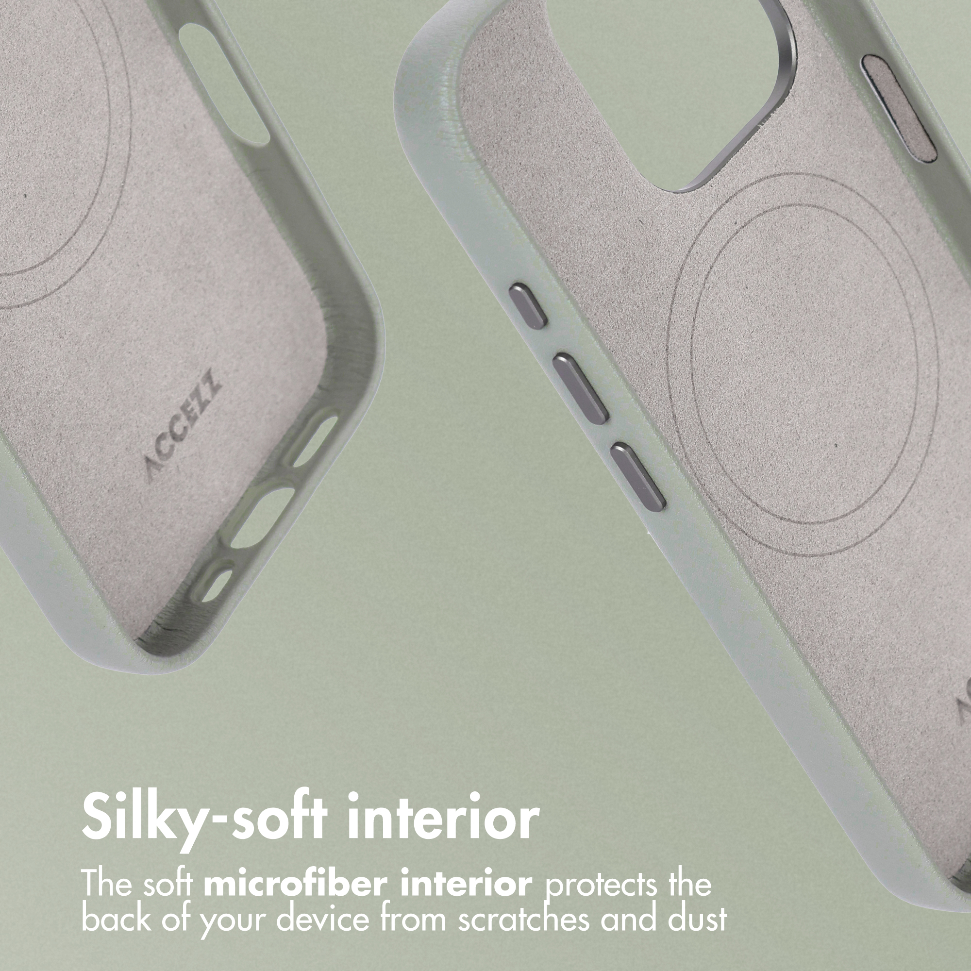Due custodie verdi per smartphone con interno in morbida microfibra e anelli MagSafe su sfondo verde.
