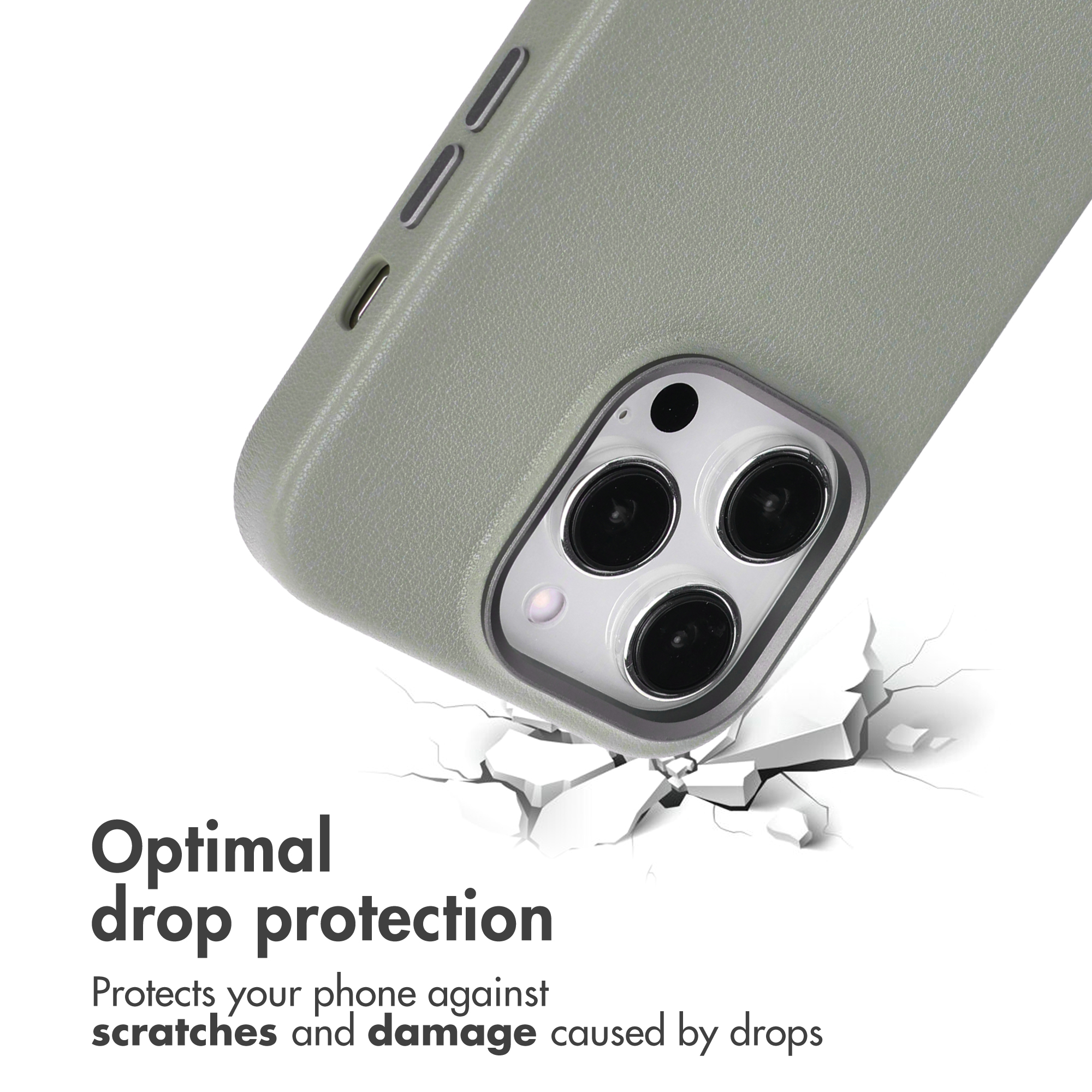 Custodia per telefono verde con fotocamera e testo "Optimal drop protection" su sfondo bianco.