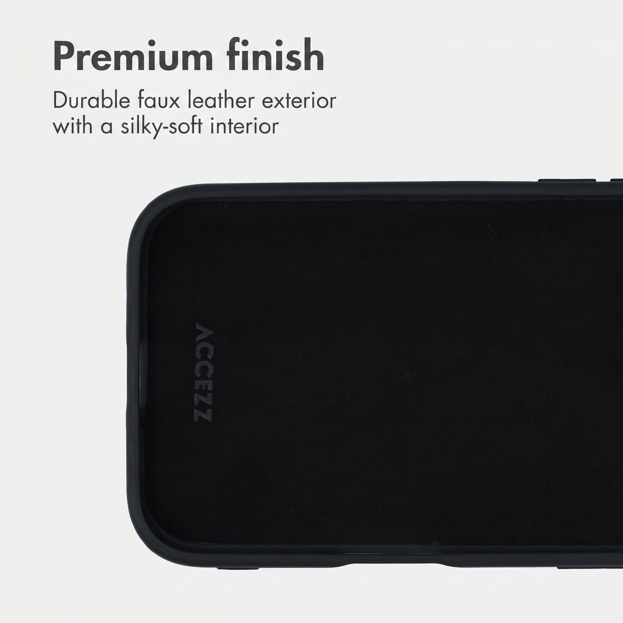 Premium afwerking: Zwarte telefoonhoes met Accezz logo en zachte binnenkant.
