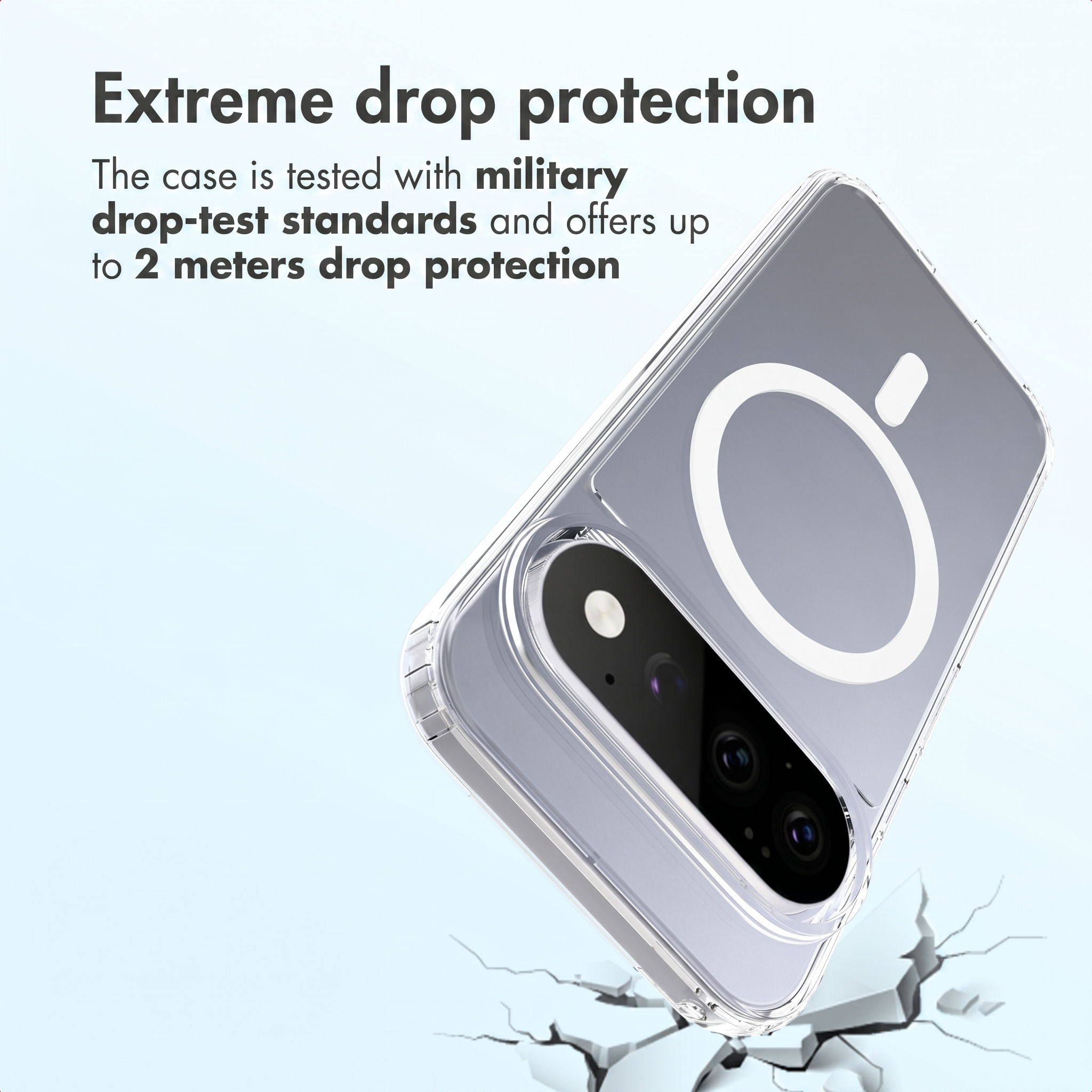 Custodia trasparente con MagSafe e foro fotocamera su terreno incrinato, con testo di protezione.