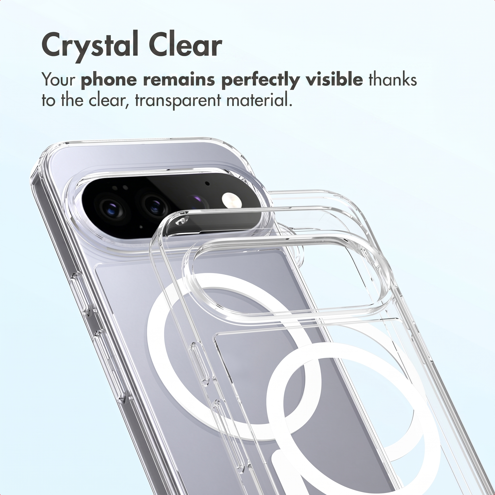 Una cover trasparente per smartphone con anello MagSafe e ritaglio per fotocamera su sfondo azzurro.