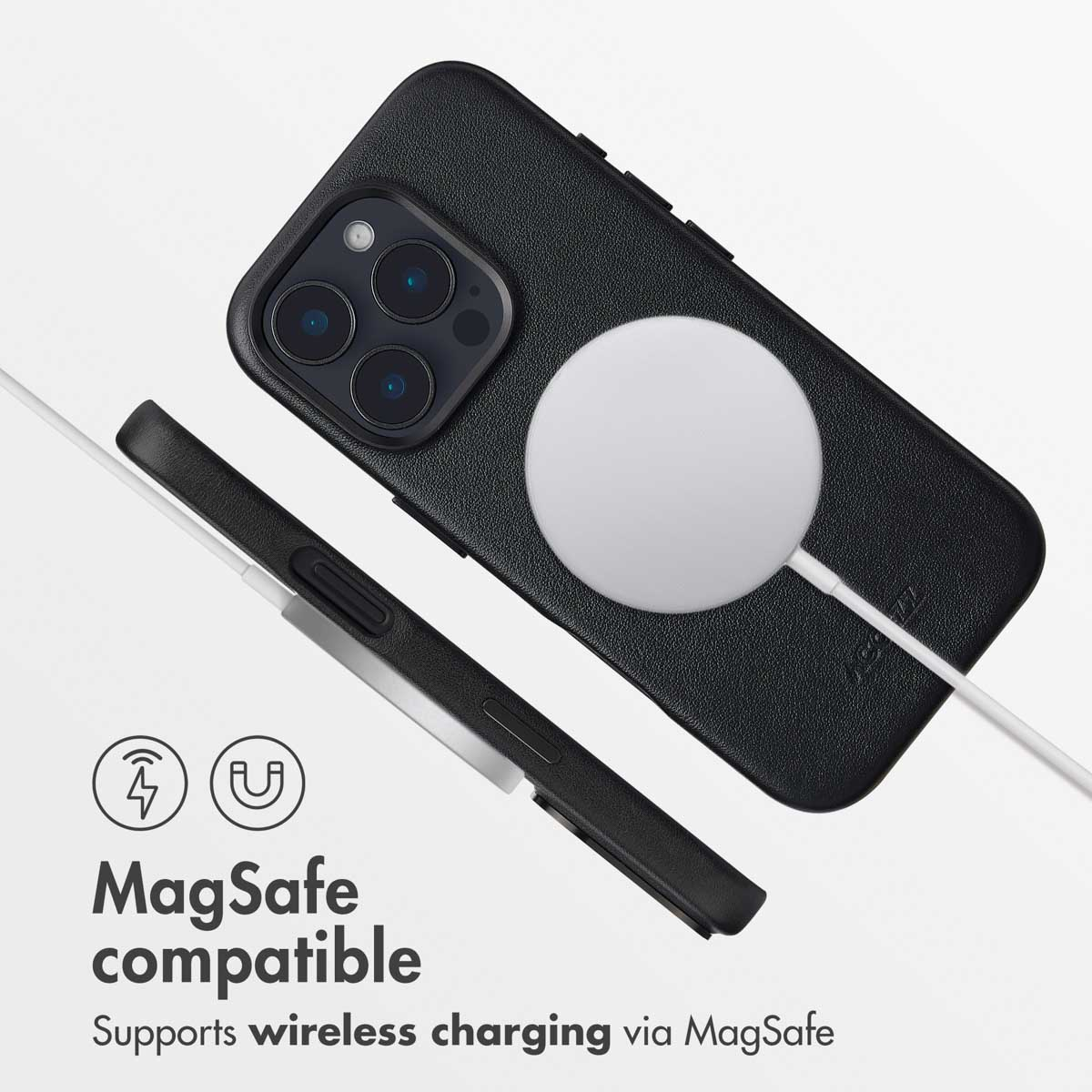 Coque de téléphone noire avec chargeur MagSafe blanc rond et texte.