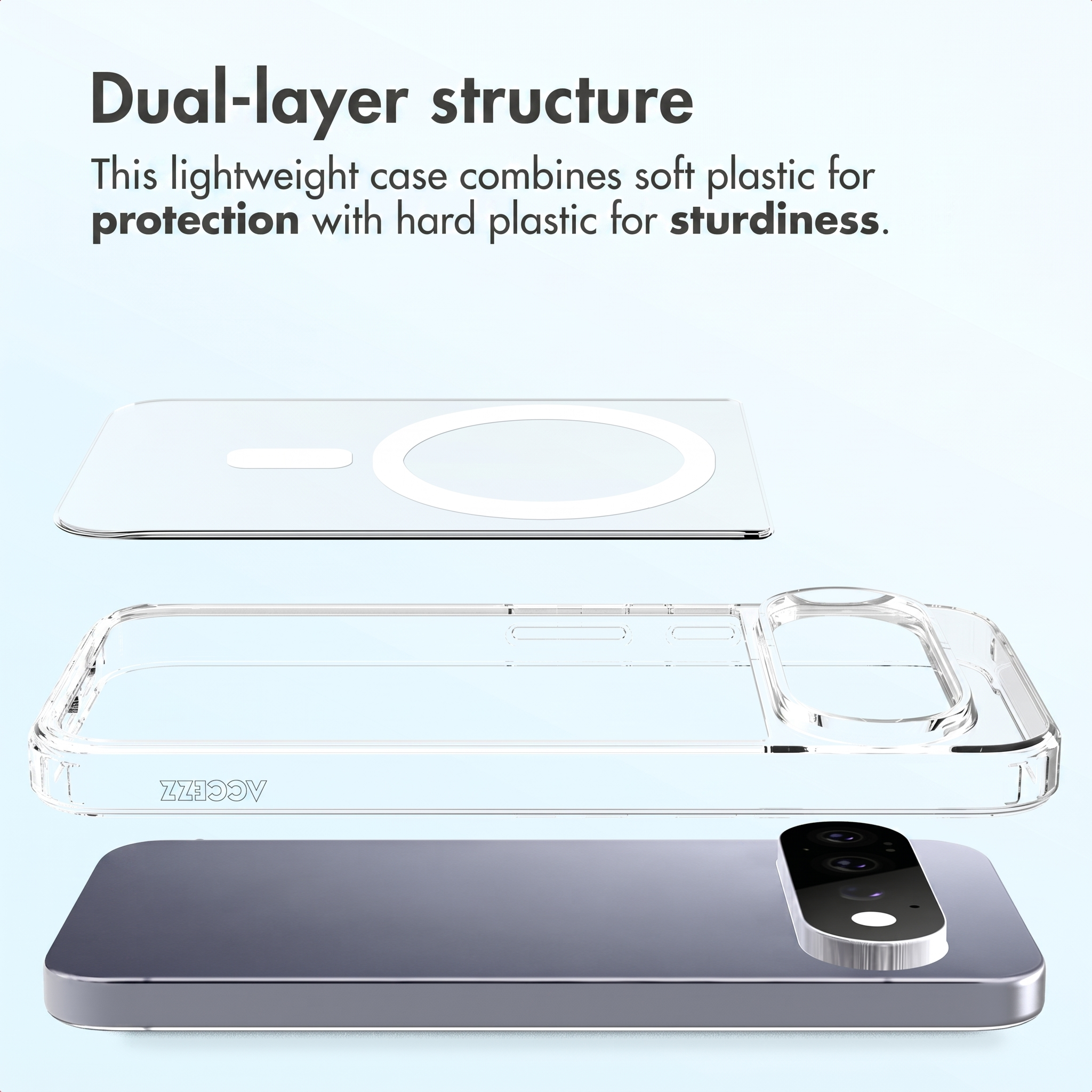 Vista esplosa di una custodia a doppio strato con plastica morbida e dura sopra uno smartphone.