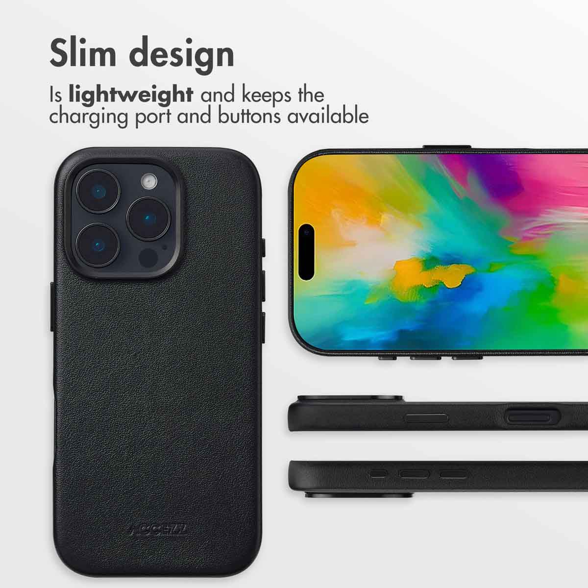 Coque de smartphone noire fine montrant l'arrière, l'avant avec écran coloré et les côtés.