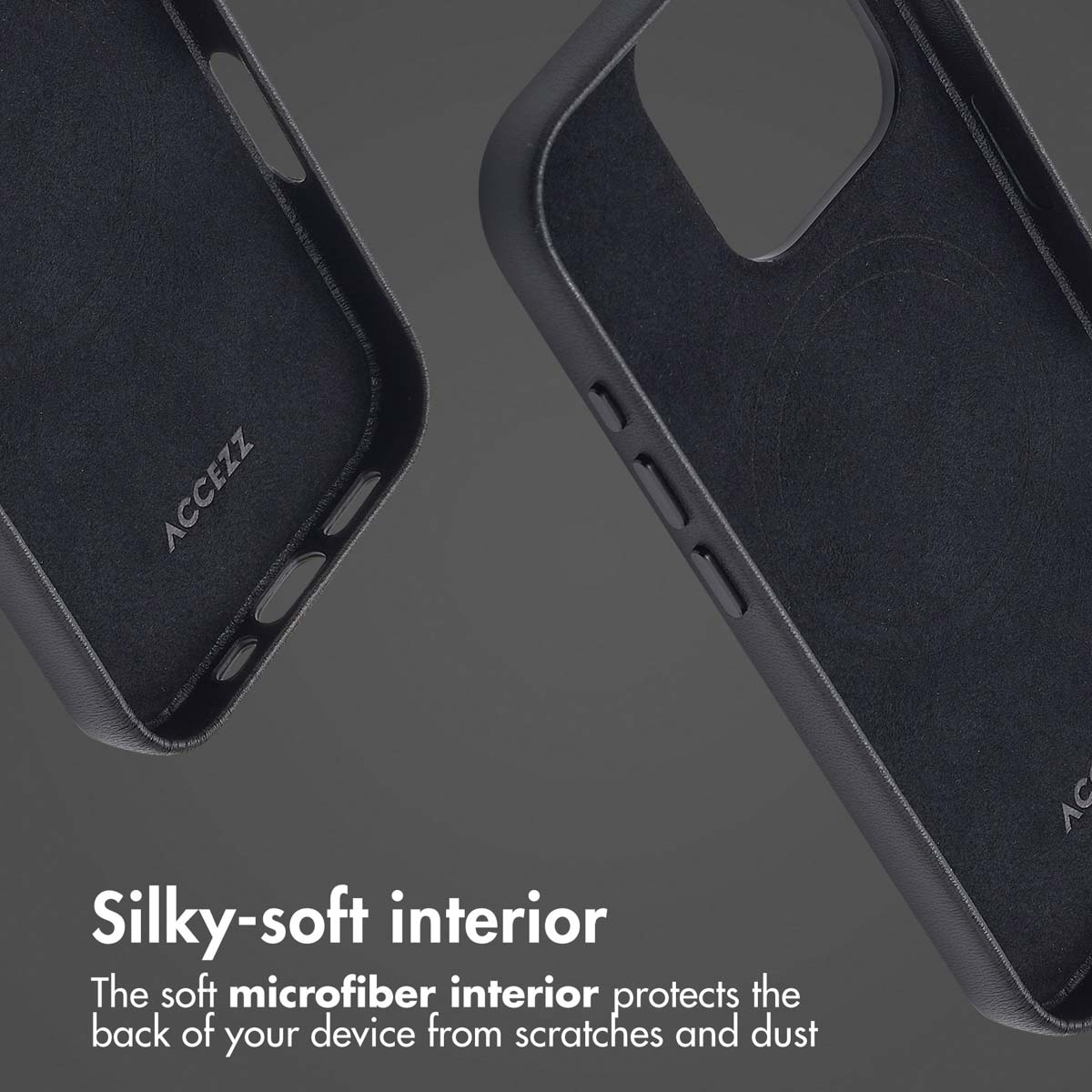 Deux coques de téléphone noires montrent leur intérieur en microfibre douce.