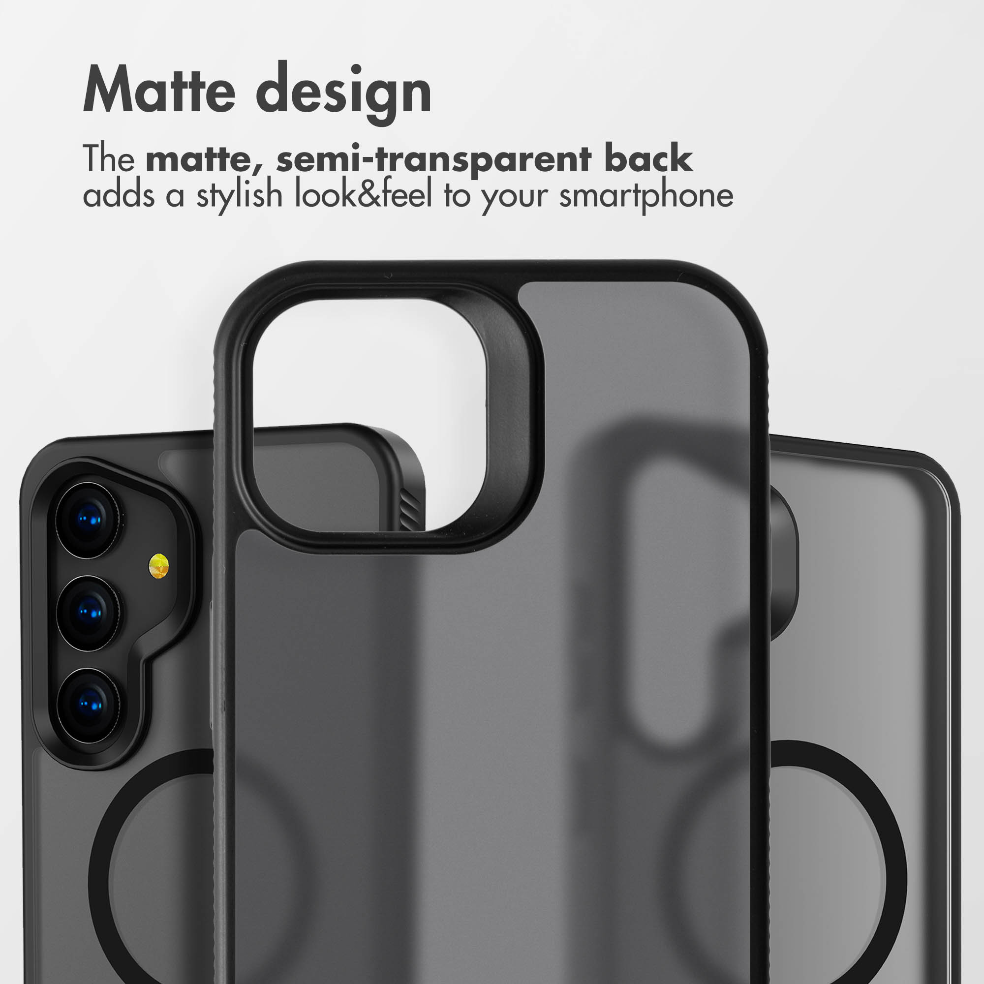 Matte, halbtransparente Smartphone-Hülle mit Kameraausschnitt vor hellem Hintergrund.