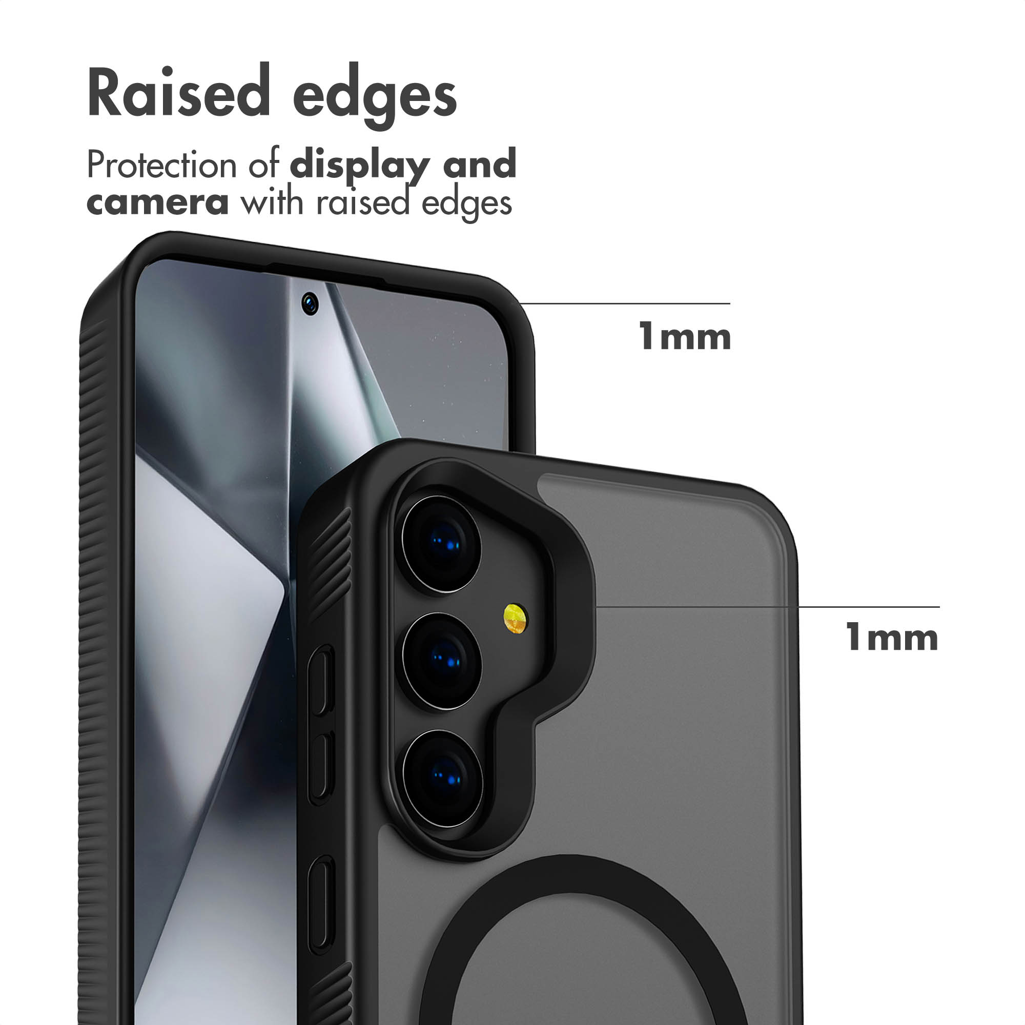 Smartphone in Schutzhülle mit 1 mm erhöhten Rändern für Display und Kamera.