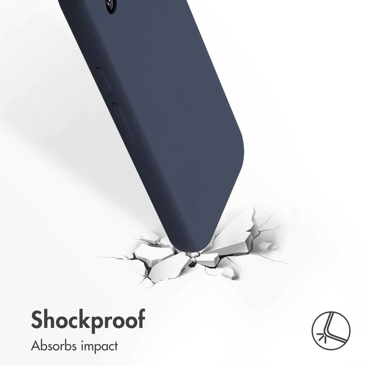 Custodia per telefono blu che colpisce una superficie bianca crepata, con testo Shockproof.