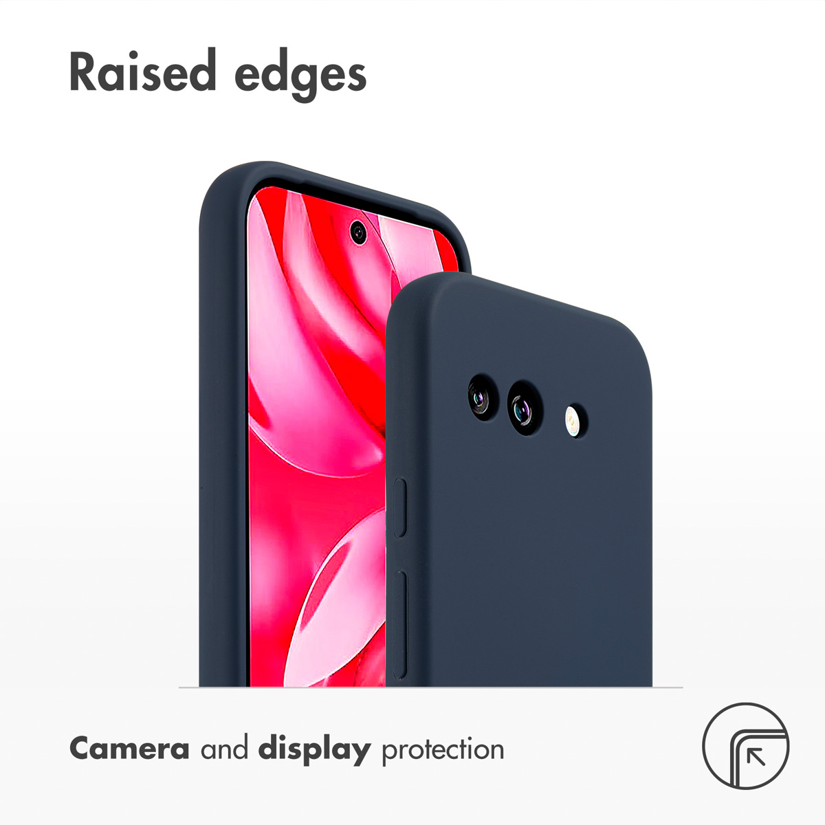 Due cover per smartphone blu scuro mostrano bordi rialzati per la protezione di fotocamera e display.