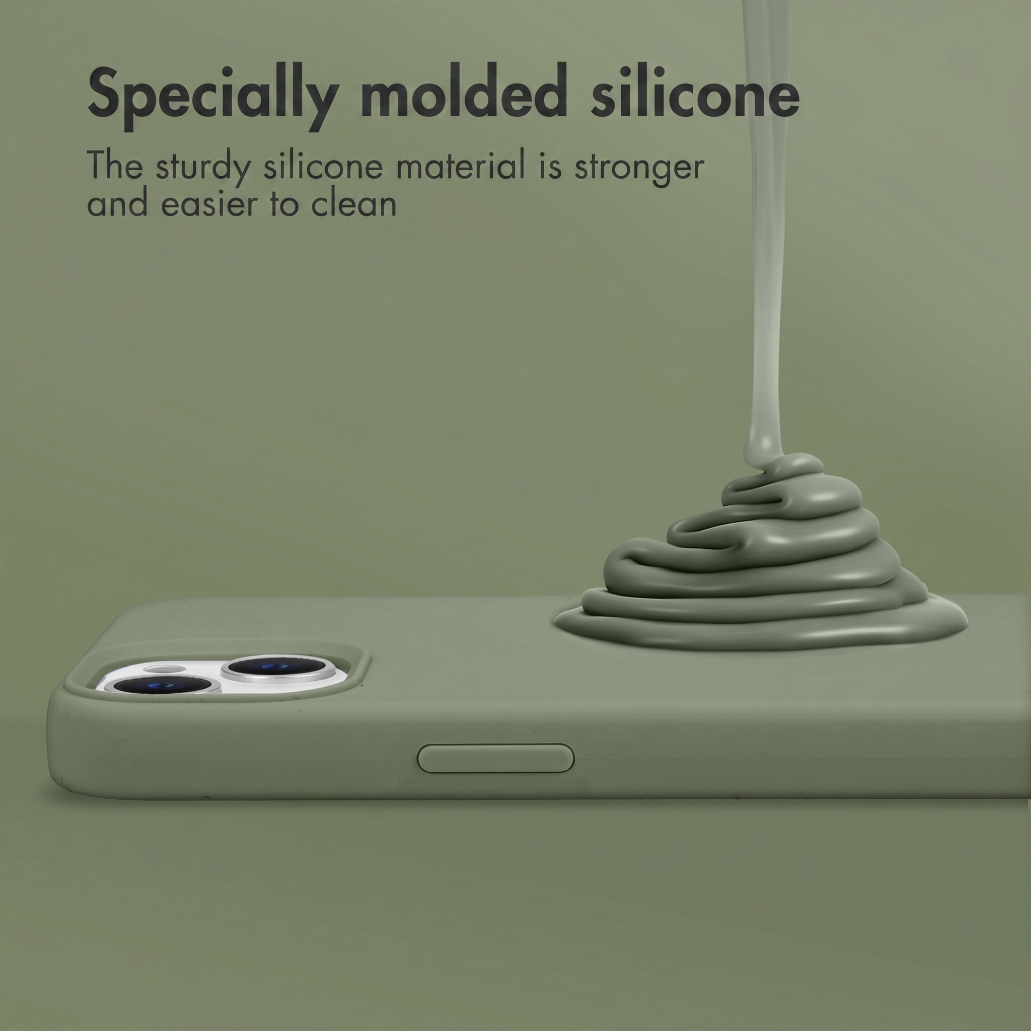Du silicone liquide coule sur une coque de téléphone verte sur fond vert.