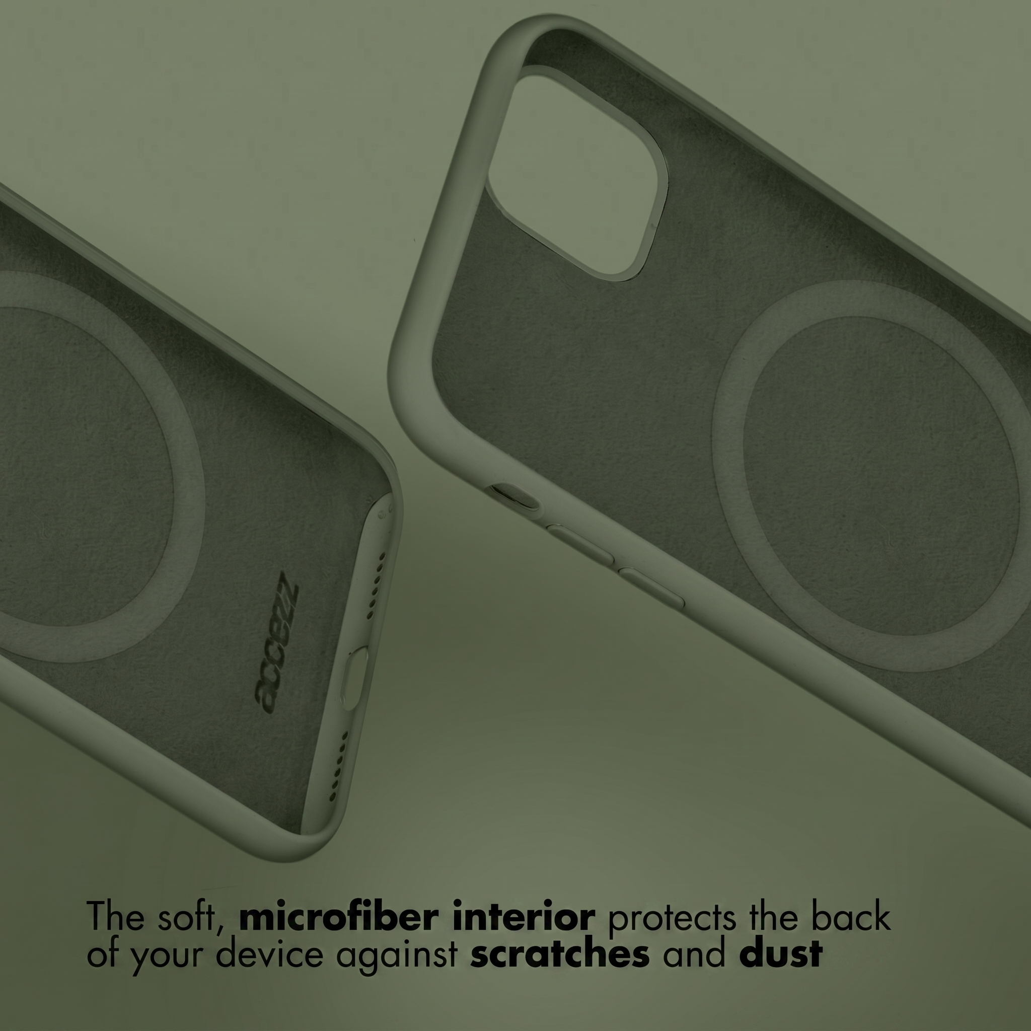 Deux coques de téléphone grises à l'intérieur doux sur fond vert, texte sur la protection.