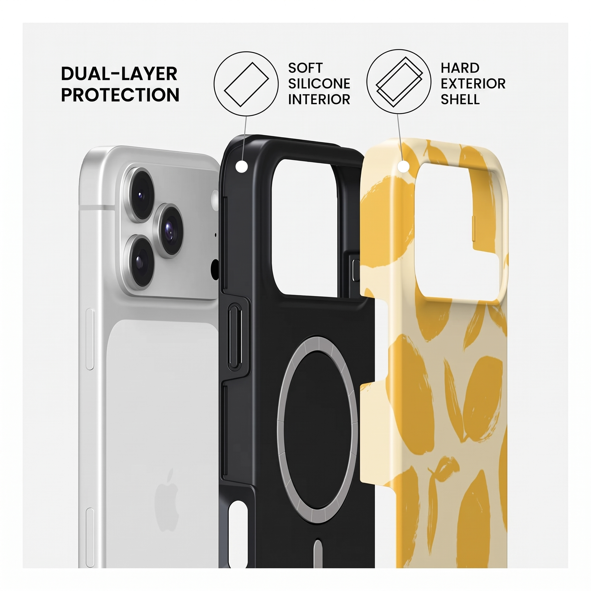 Schéma montrant un téléphone avec coque double couche, intérieur en silicone souple et coque extérieure rigide.