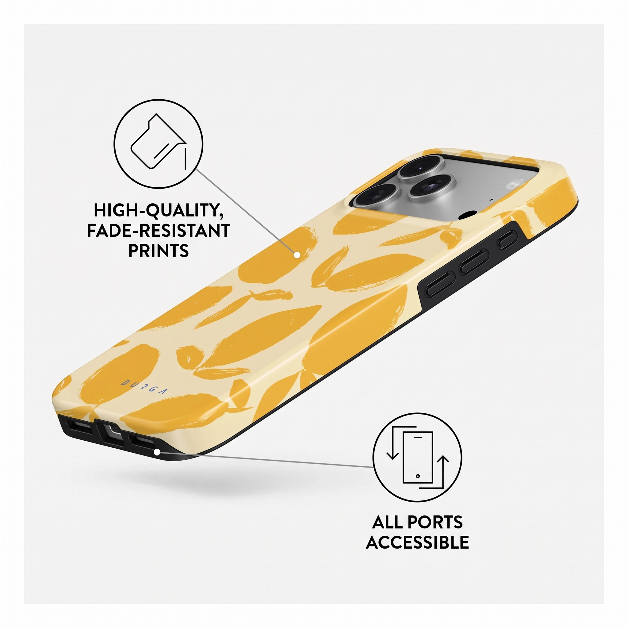 Coque de téléphone avec motif jaune, impression résistante et ports accessibles.