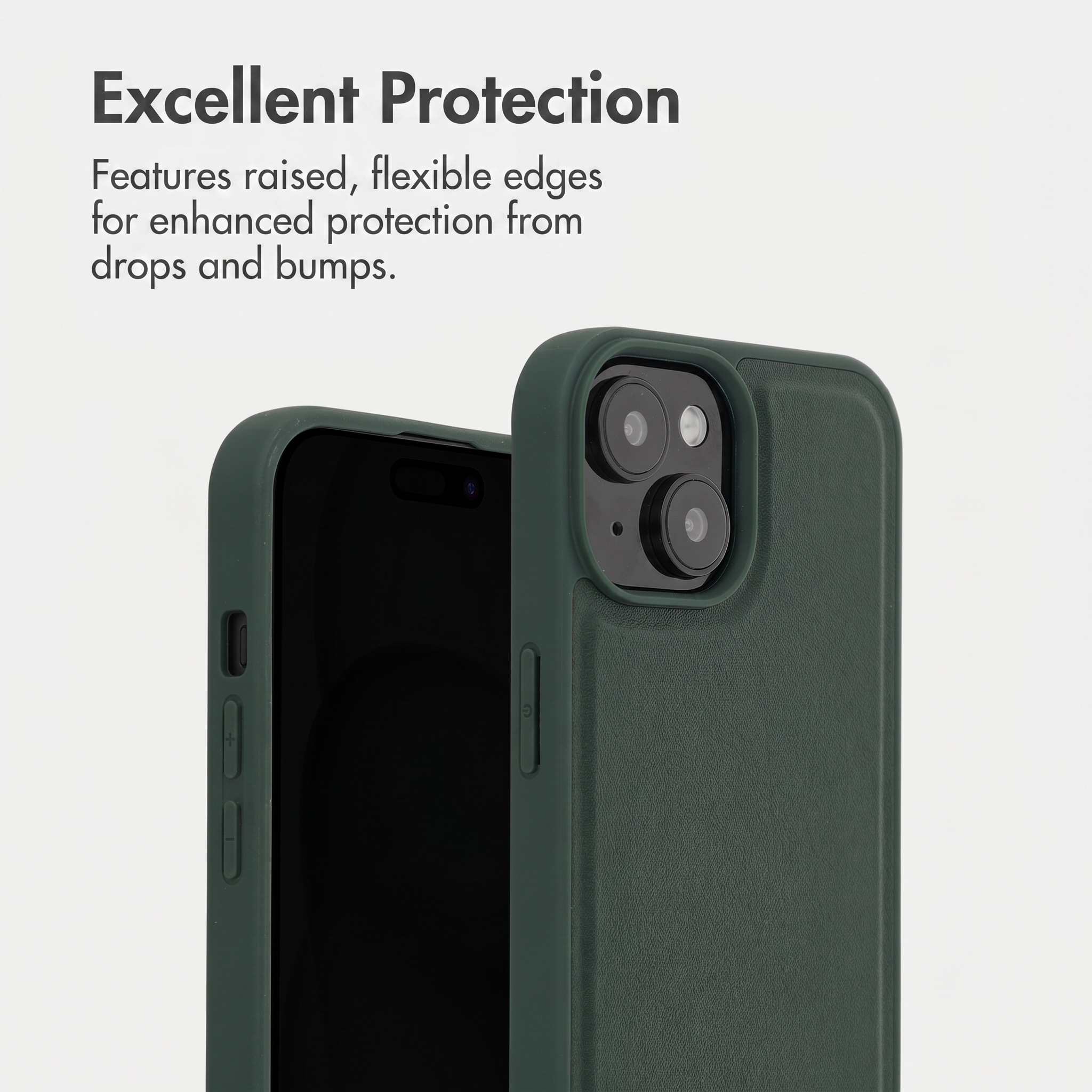 Groene telefoonhoes met verhoogde randen voor betere bescherming tegen vallen en stoten.