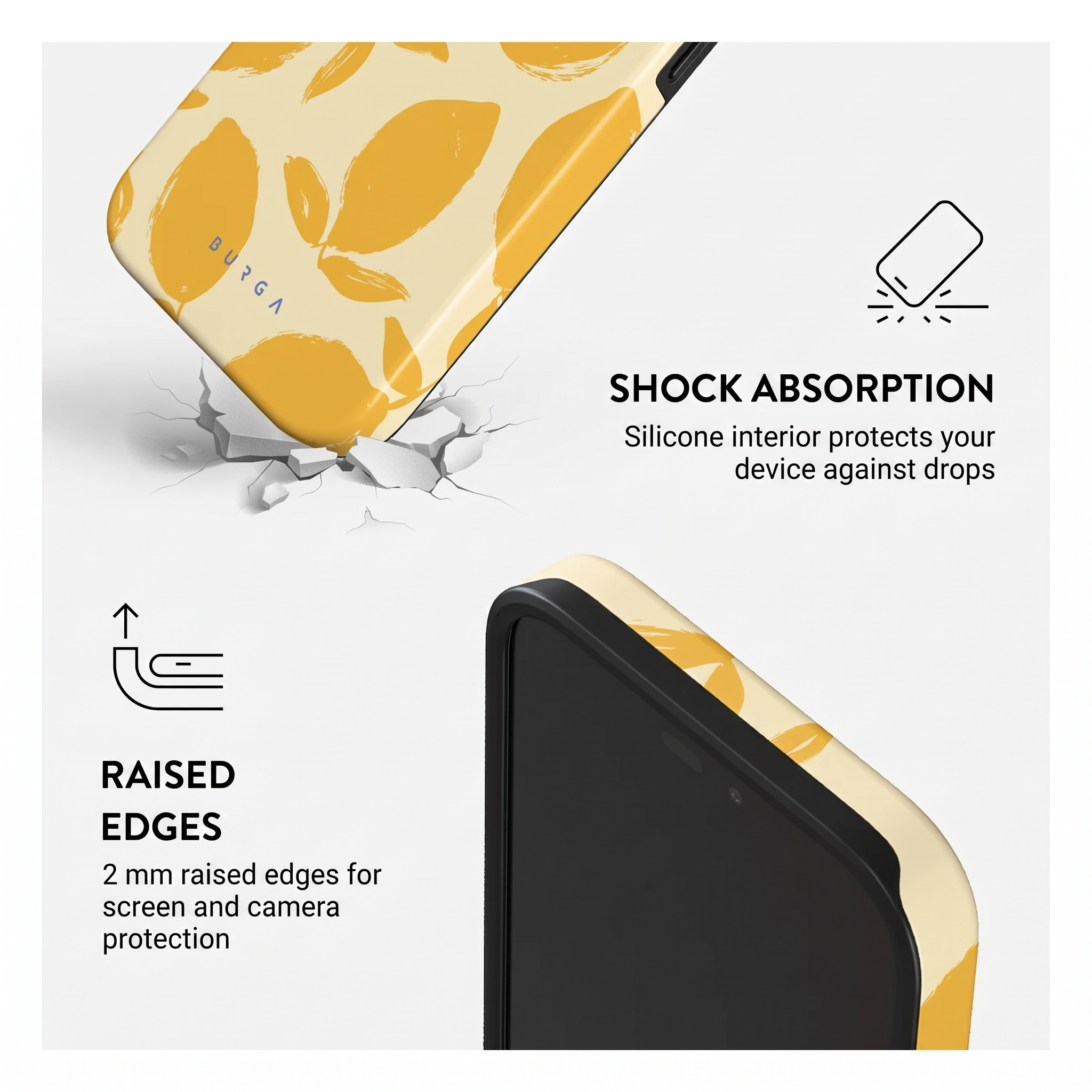 Coque de téléphone avec absorption des chocs et bords surélevés pour protéger l'écran et éviter les chutes.