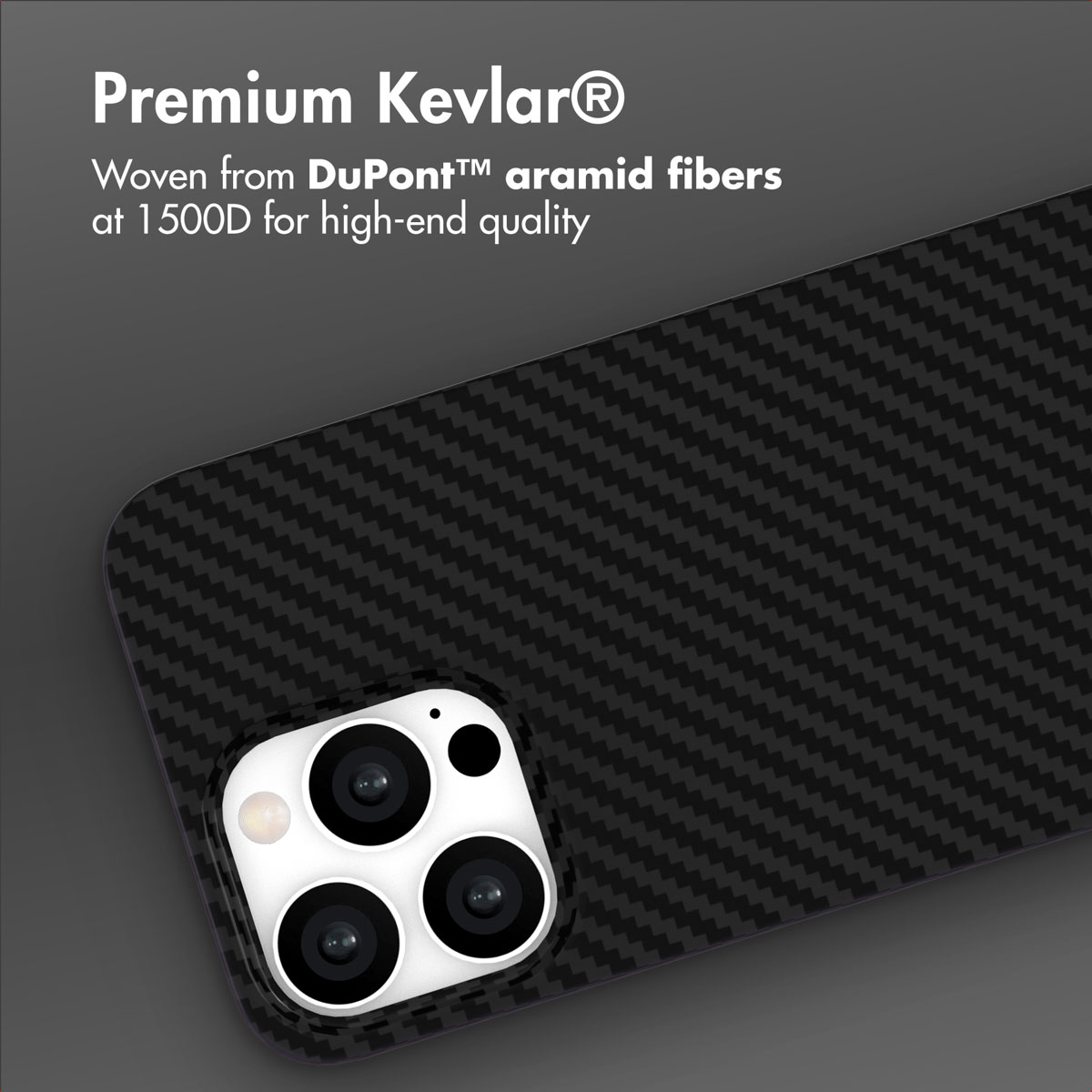 Funda de Kevlar negra con textura de fibra de carbono y texto sobre material de aramida.