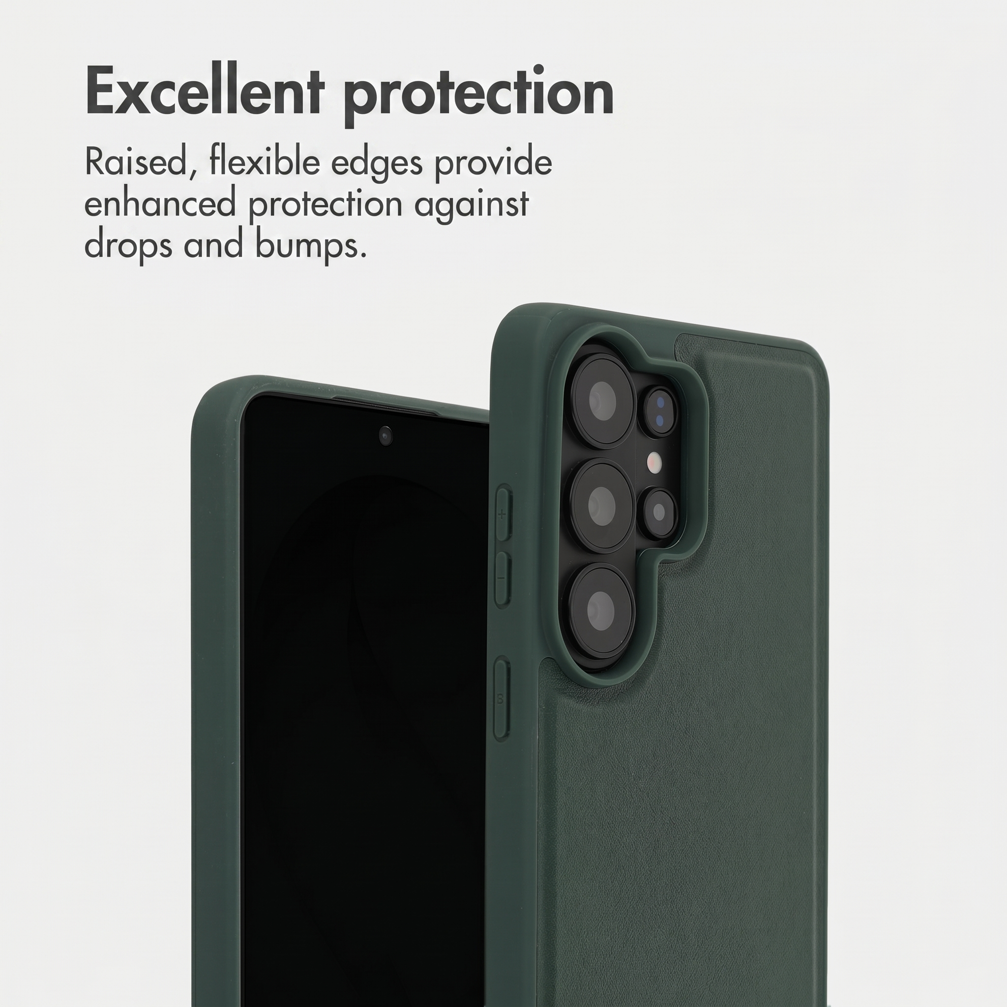 Grüne Smartphone-Hülle auf weißem Hintergrund mit Text über Schutz.