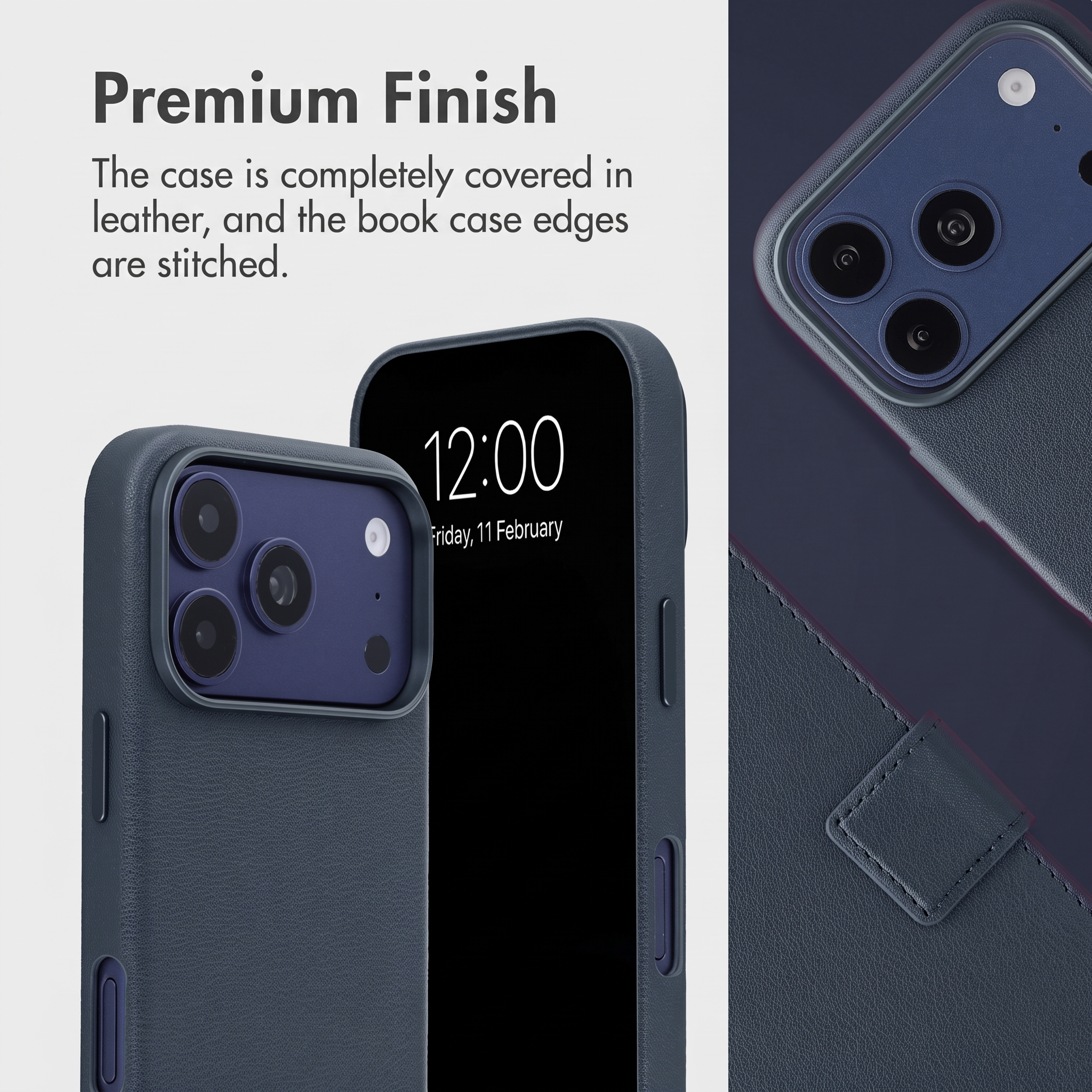 Une coque en cuir bleu avec bords cousus, triple appareil photo et texte mettant en valeur sa finition.