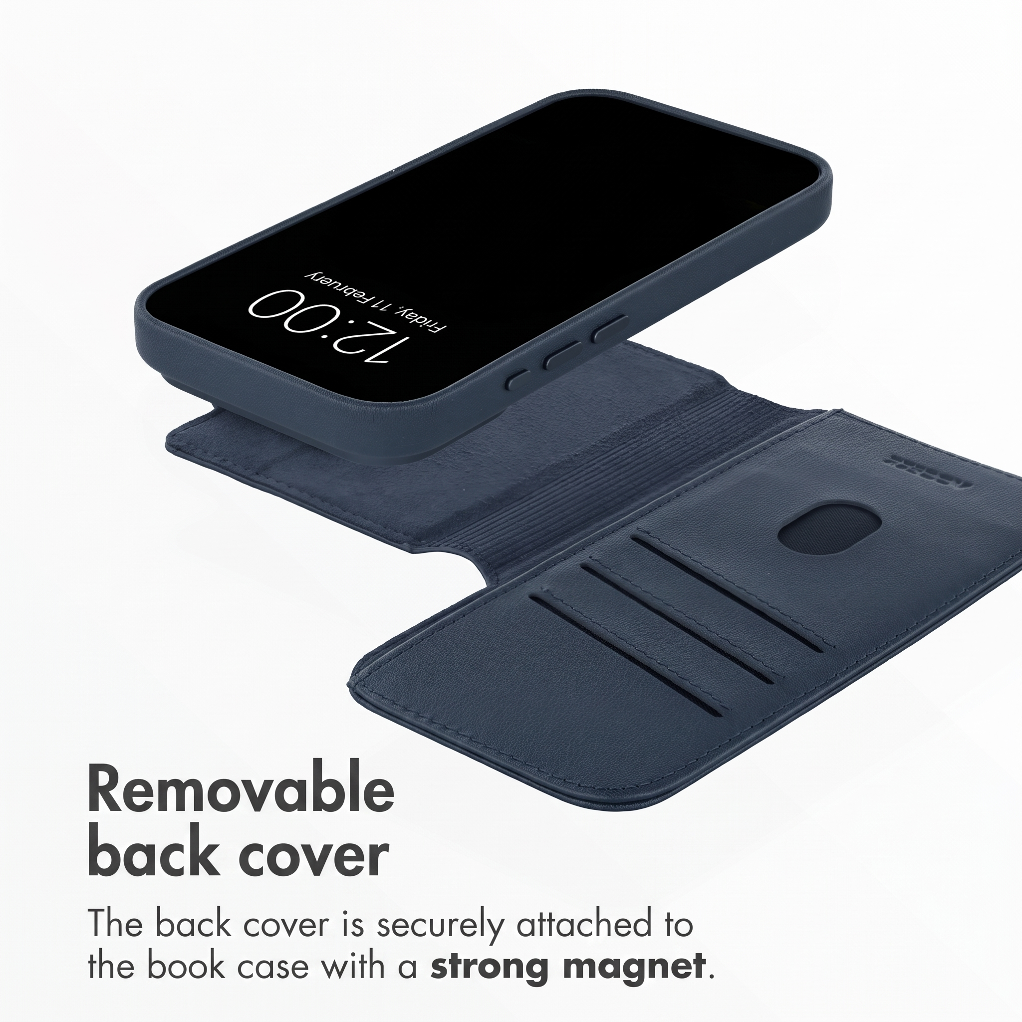 Une coque de téléphone bleu foncé avec couverture amovible et fentes pour cartes sur fond blanc.