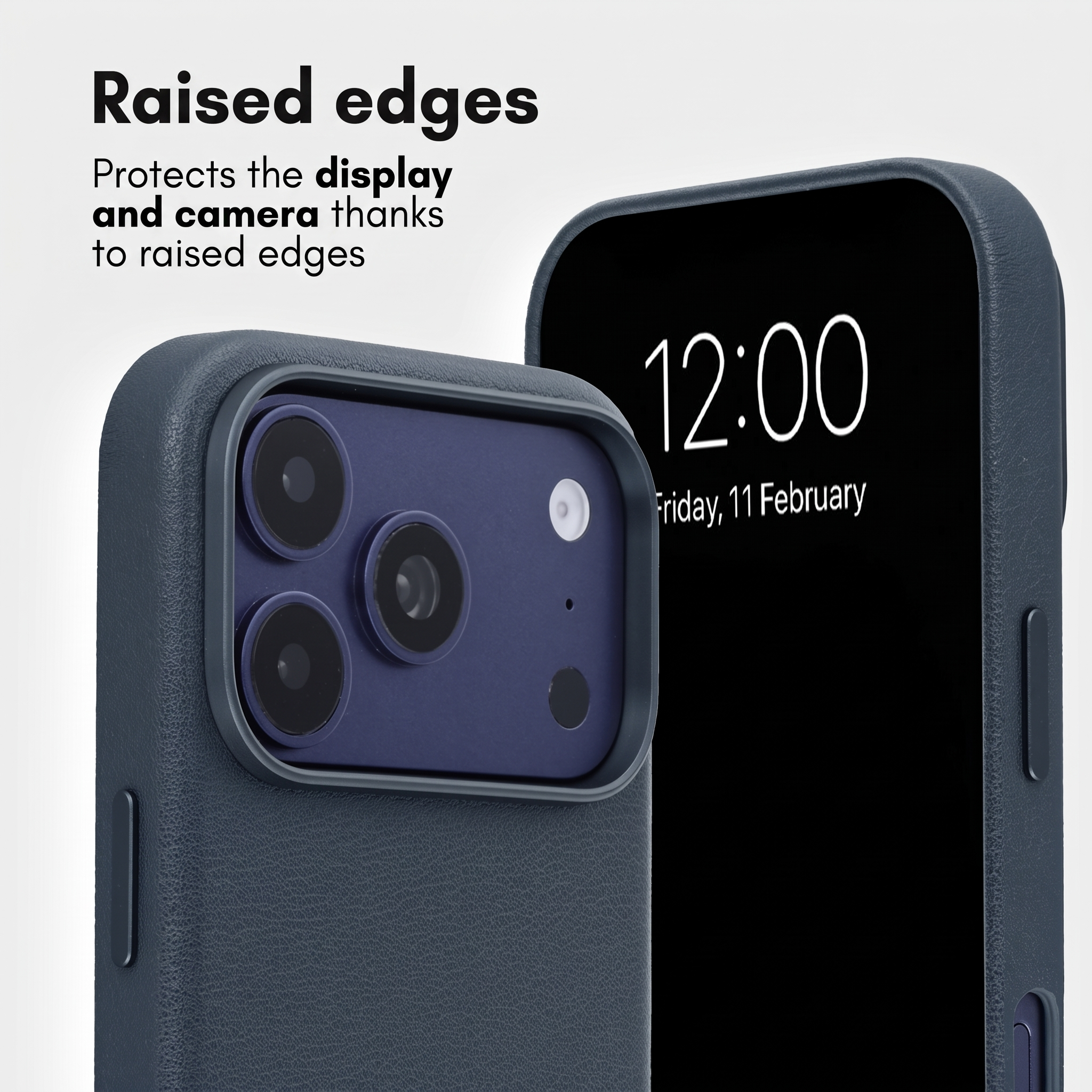 Deux coques de smartphone bleu foncé avec des bords surélevés protégeant l'appareil photo et l'écran.
