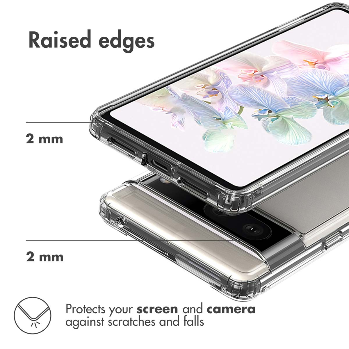 Funda transparente para móvil con bordes elevados de 2 mm para proteger pantalla y cámara.