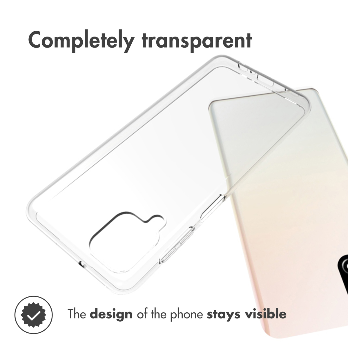 Une coque de téléphone transparente sur un smartphone clair, avec du texte en haut et en bas.