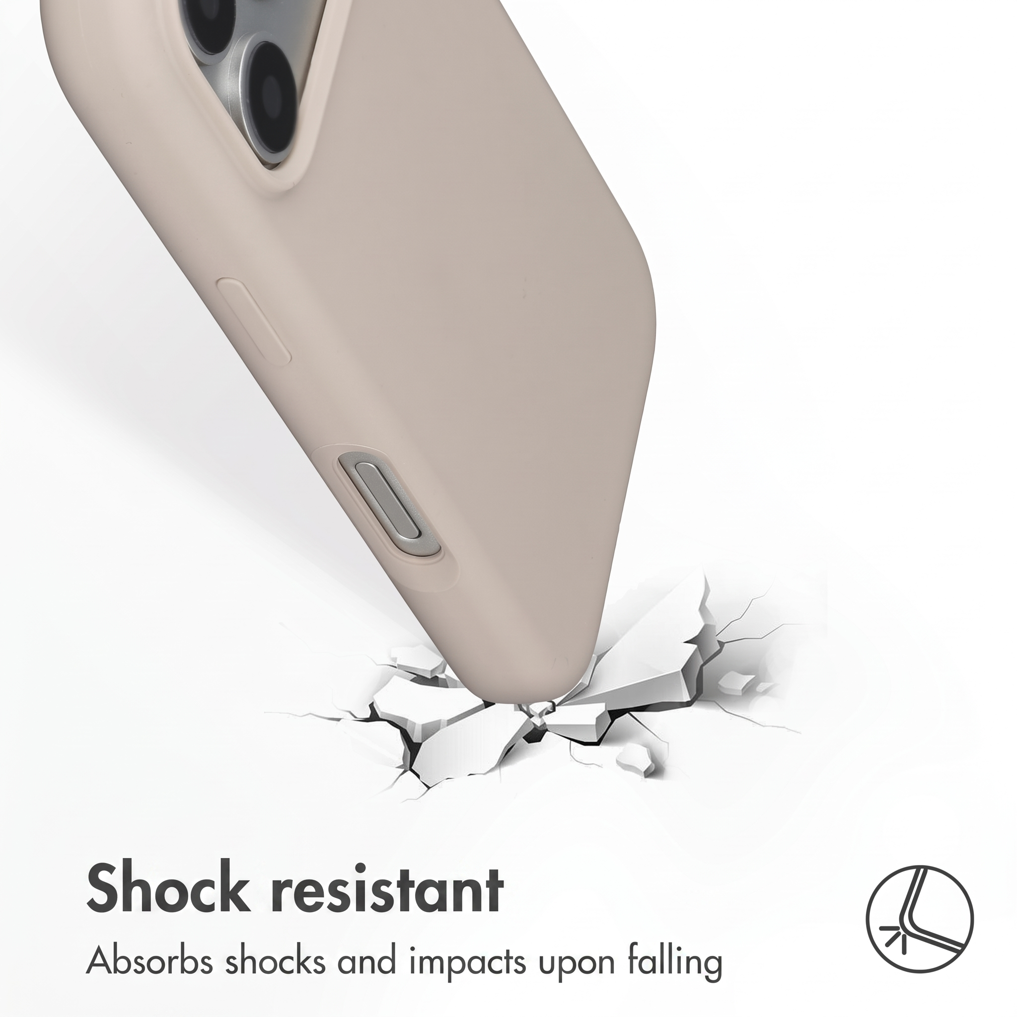 Een beige smartphone raakt een gebarsten wit oppervlak, met schokbestendige tekst en icoon.