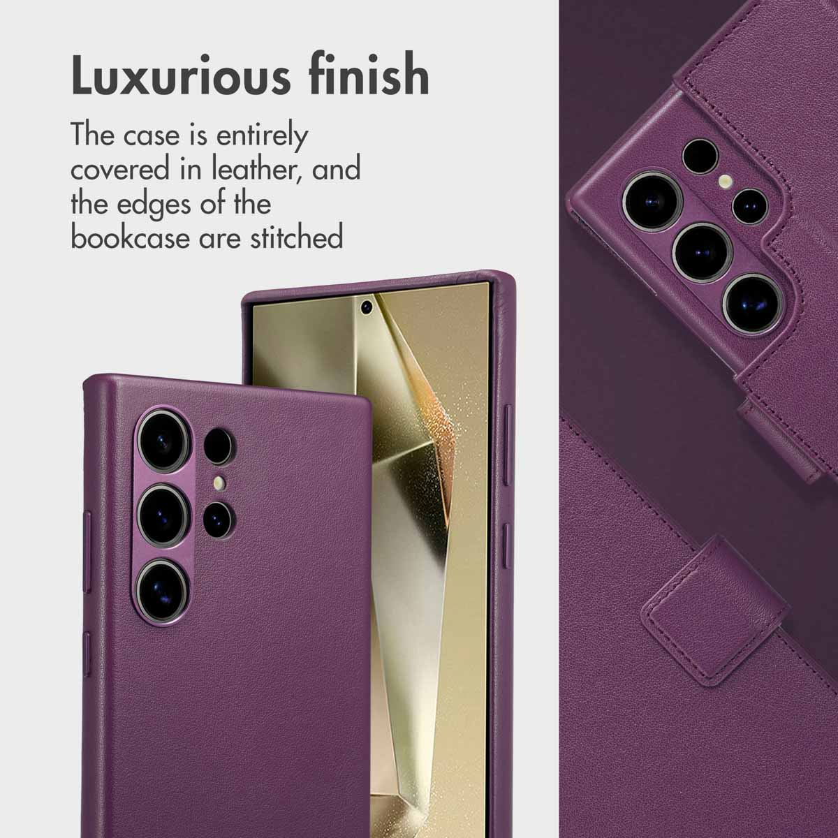 Coque de téléphone en cuir violet avec bords cousus et caméras.