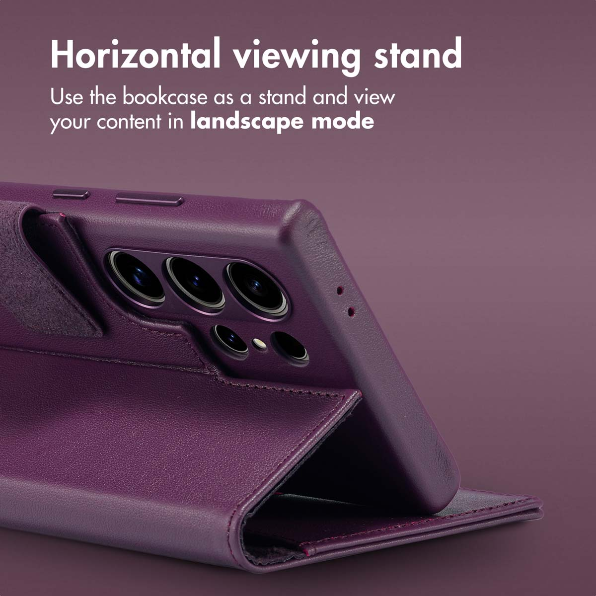 Smartphone violet dans un étui-livre support pour mode paysage.
