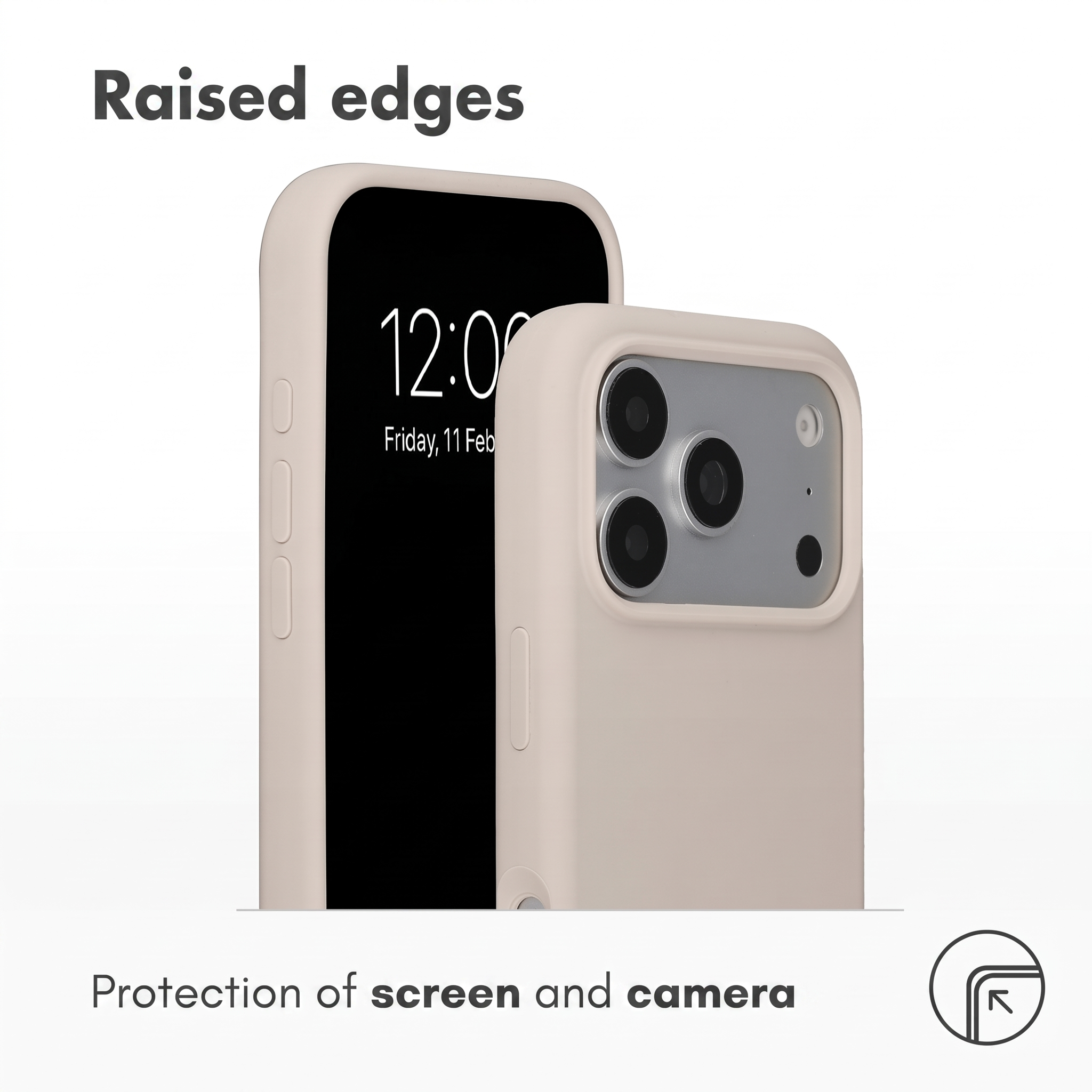 Beige hoesje met verhoogde randen ter bescherming van scherm en camera.