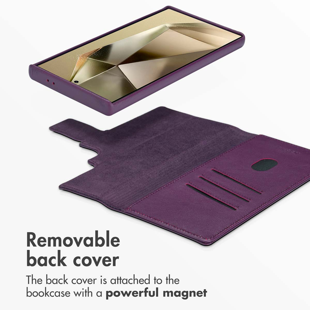 Étui de téléphone violet avec coque arrière magnétique amovible et fentes pour cartes, ouvert et fermé.