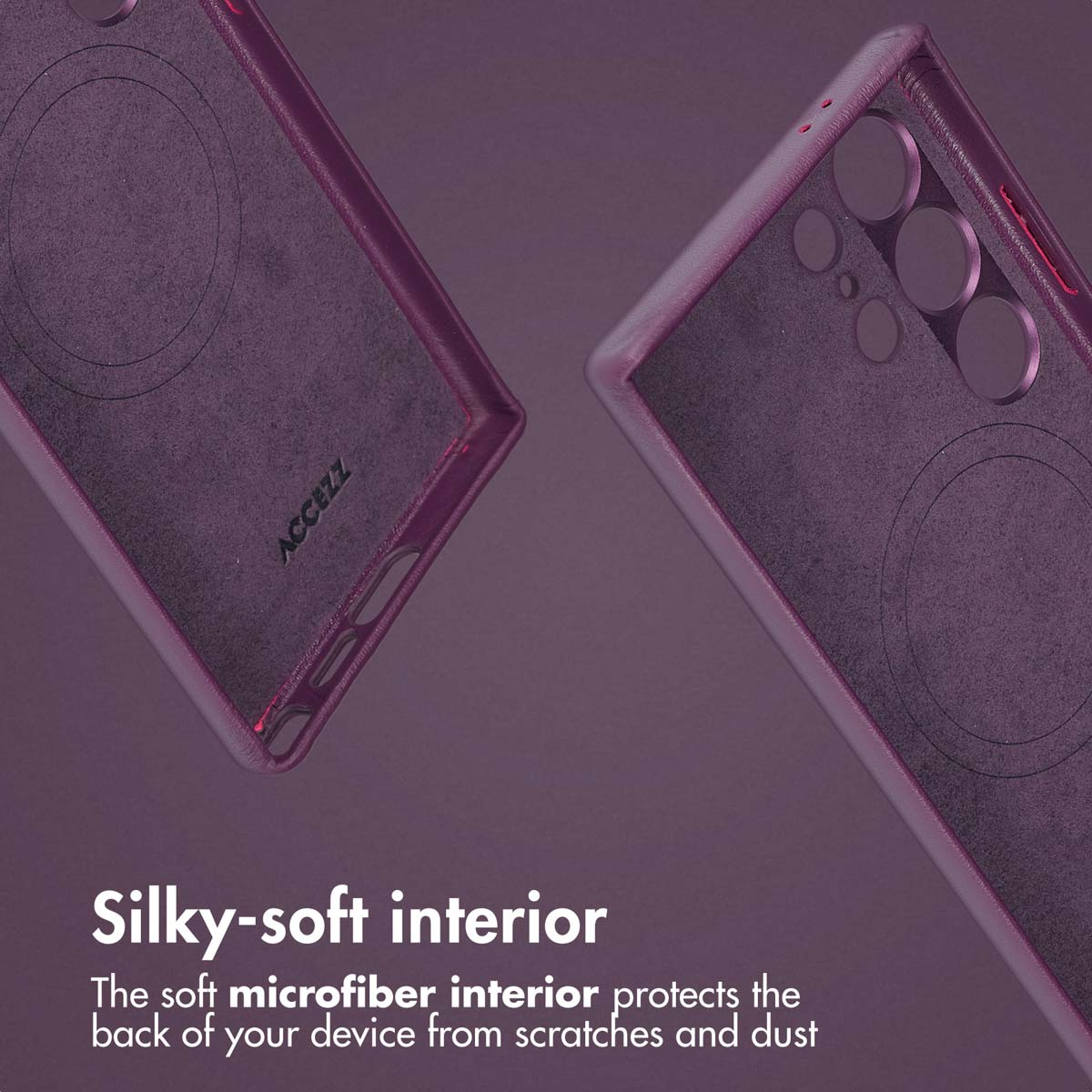 Deux coques de smartphone violettes avec intérieur en microfibre douce sur fond violet.