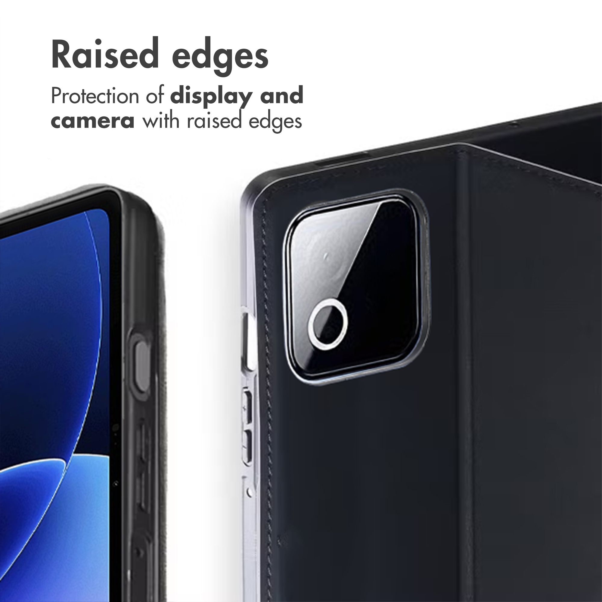 Raised edges of a black protective case around the display and camera.
