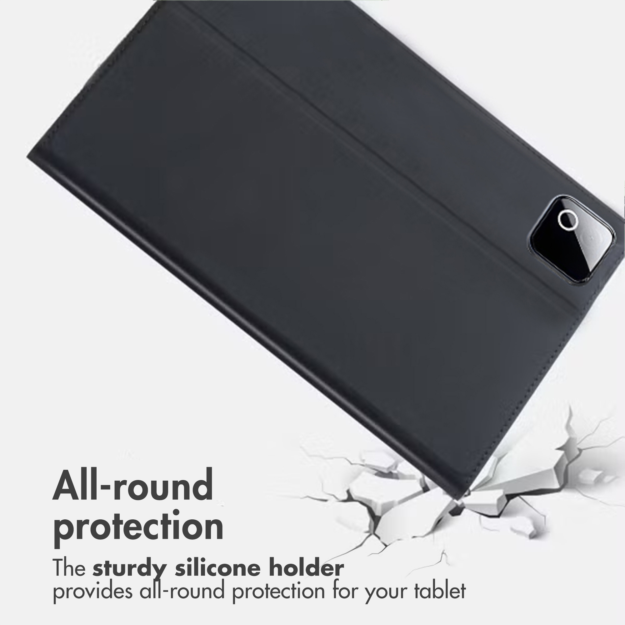 Black tablet case with camera cutout over a white, cracked background and text.