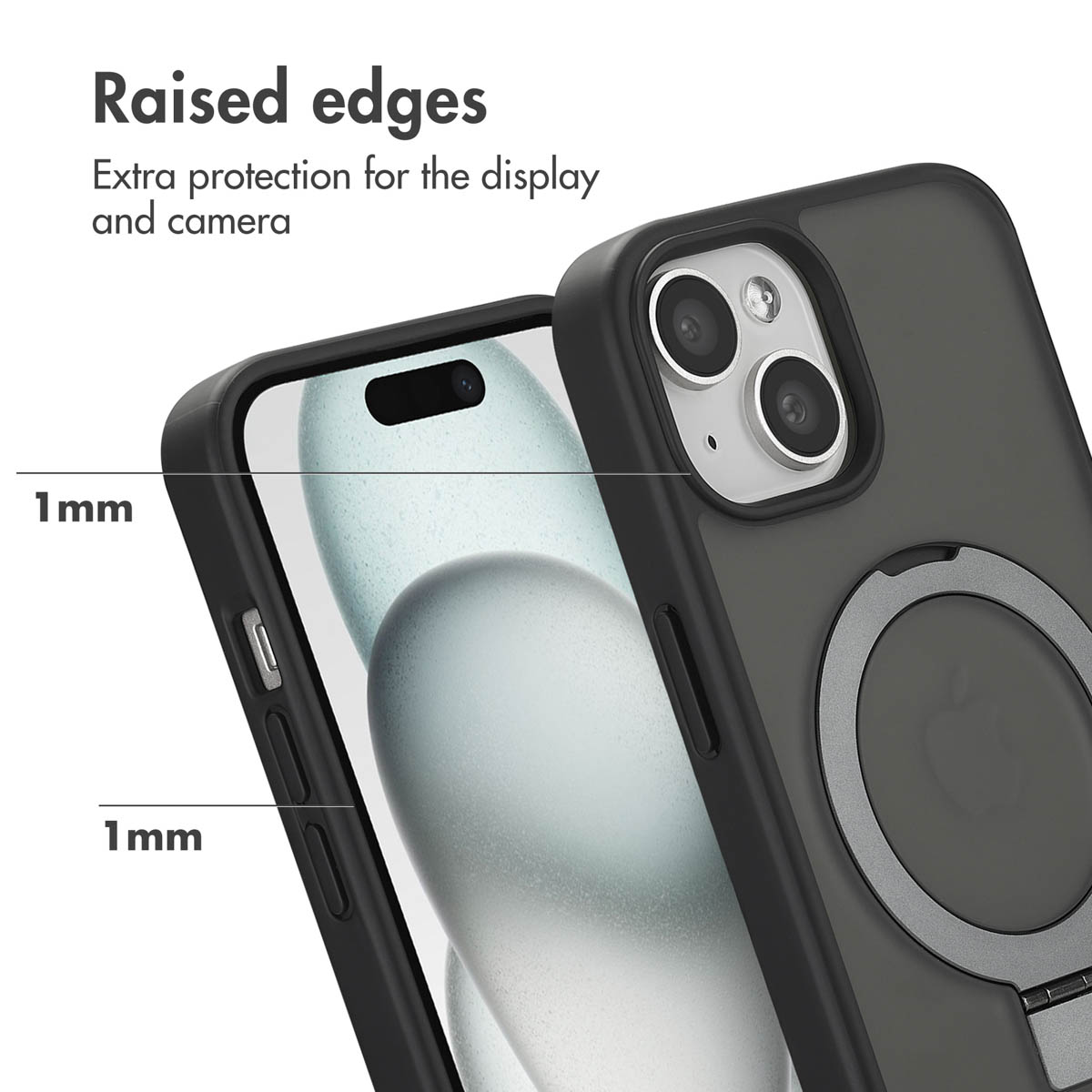 Custodia per telefono nera con bordi rialzati di 1 mm per la protezione di schermo e fotocamera.
