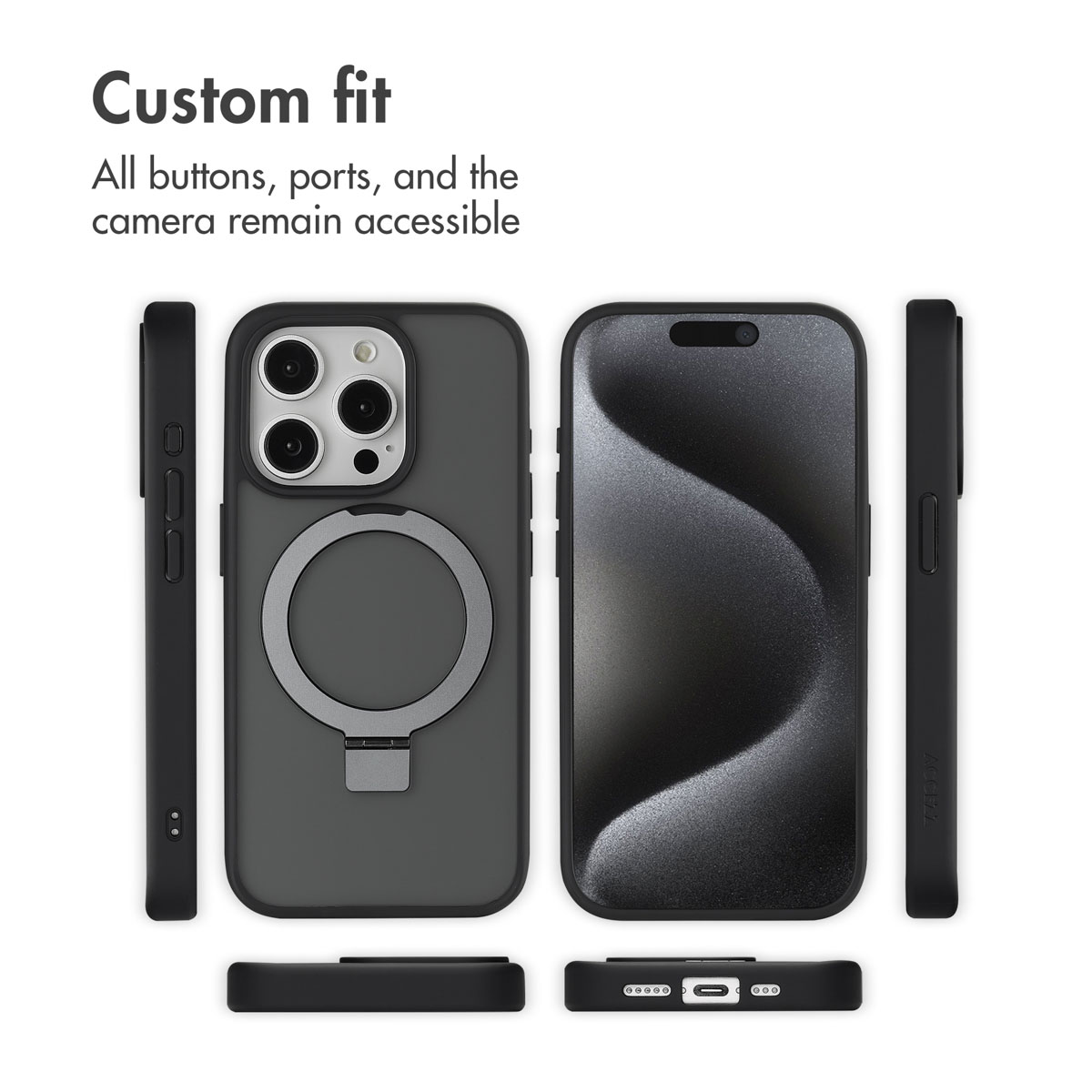 Custodia per telefono con ritagli per fotocamera, pulsanti e porte, con supporto.