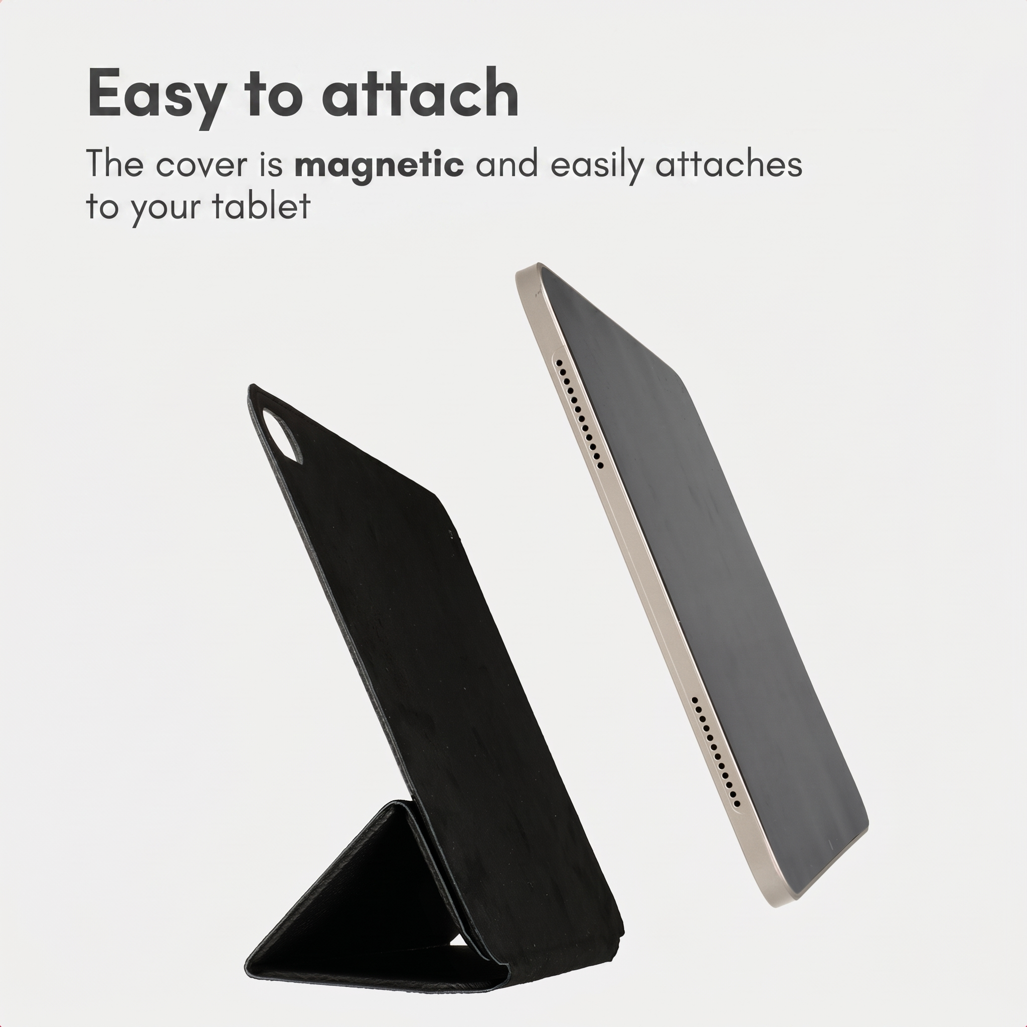 Een tablet en een zwarte magnetische beschermhoes tegen een witte achtergrond met tekst.