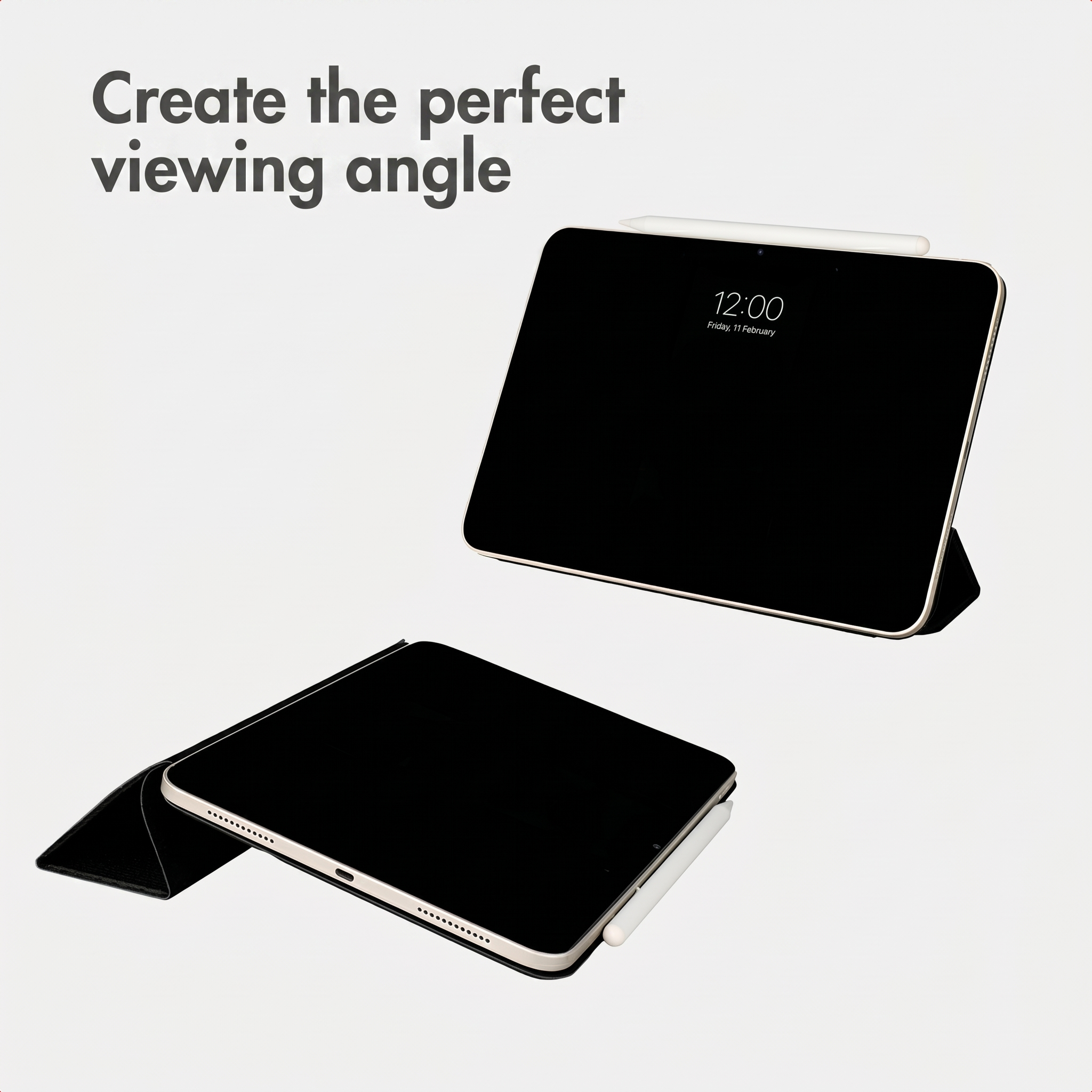Twee tablets met zwarte hoesjes en stylussen op een witte achtergrond tonen verschillende hoeken.