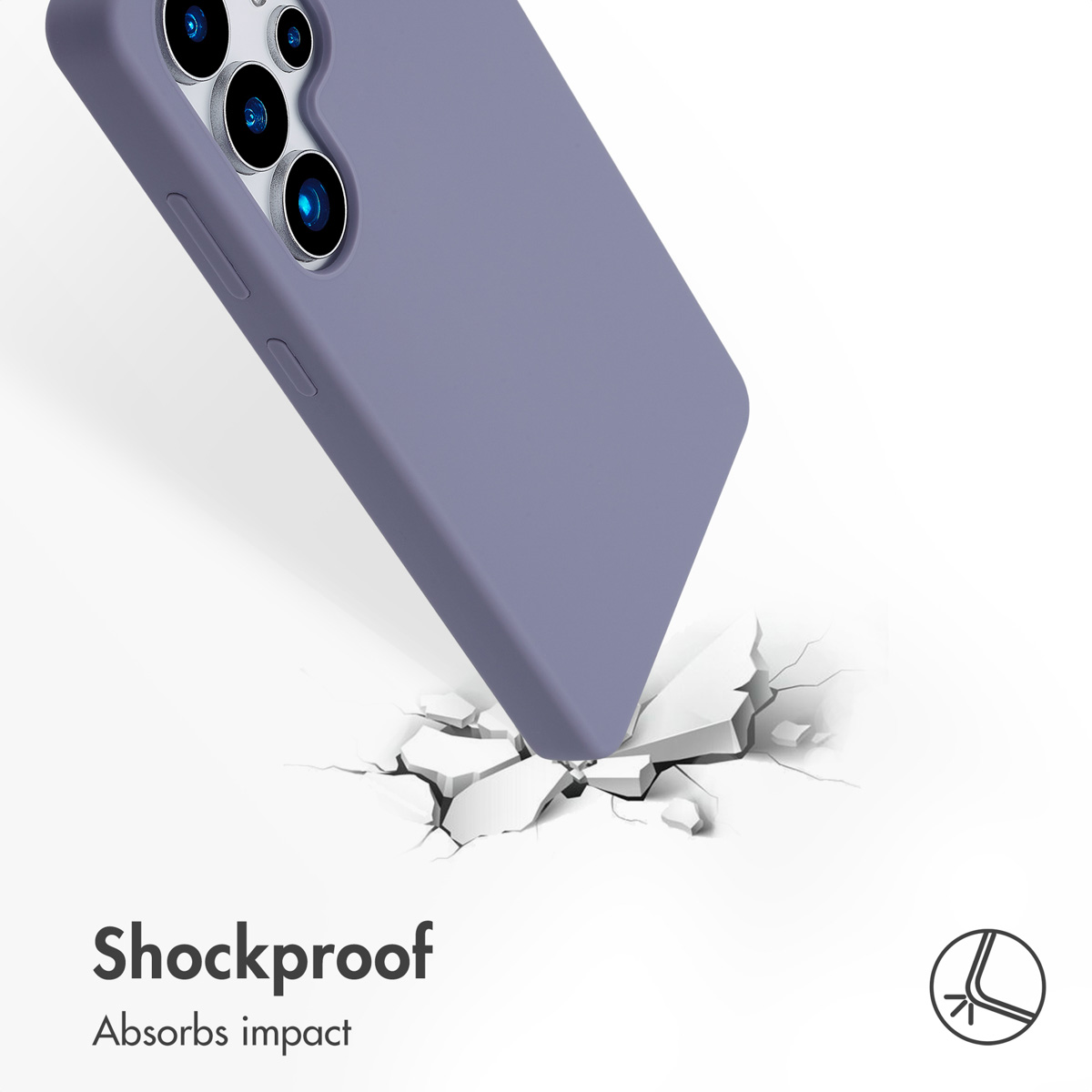 Un smartphone morado con funda agrieta una superficie blanca al impactar, mostrando resistencia a golpes.