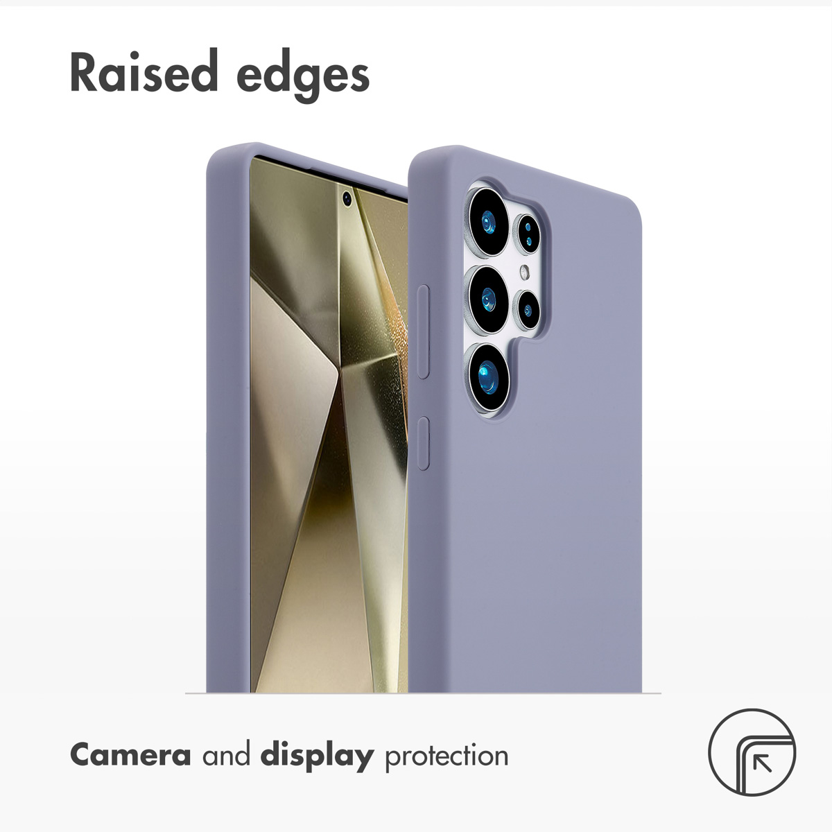 Fundas para smartphone moradas con bordes elevados para proteger cámara y pantalla.