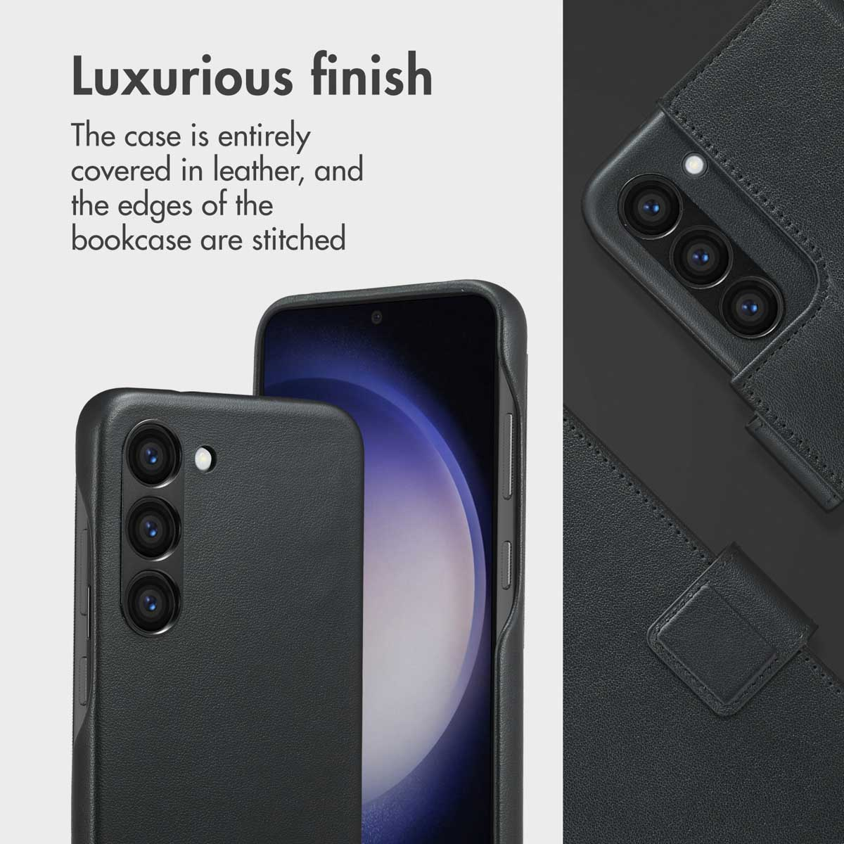Luxueus ontwerp: Een zwarte leren telefoonhoes met zichtbare stiksels.