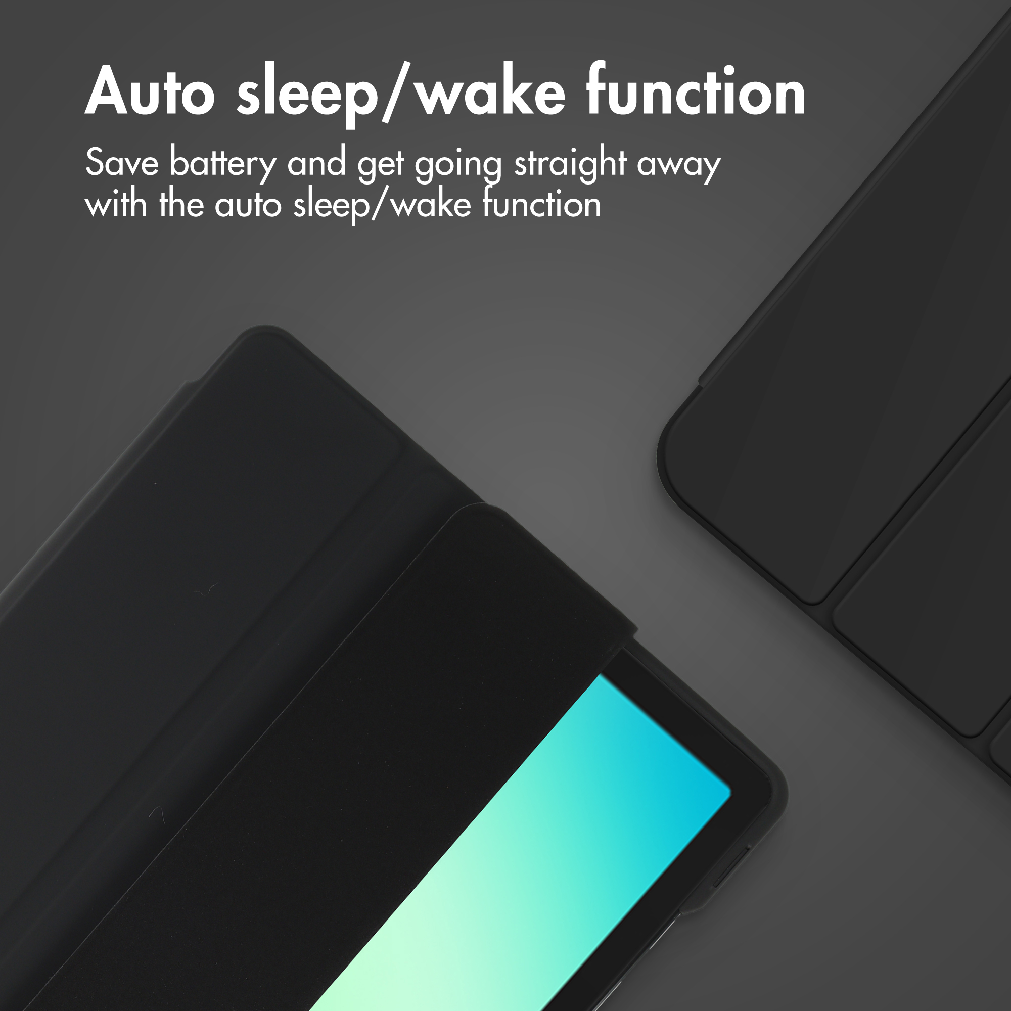 A black tablet case with auto sleep wake function text displayed.
