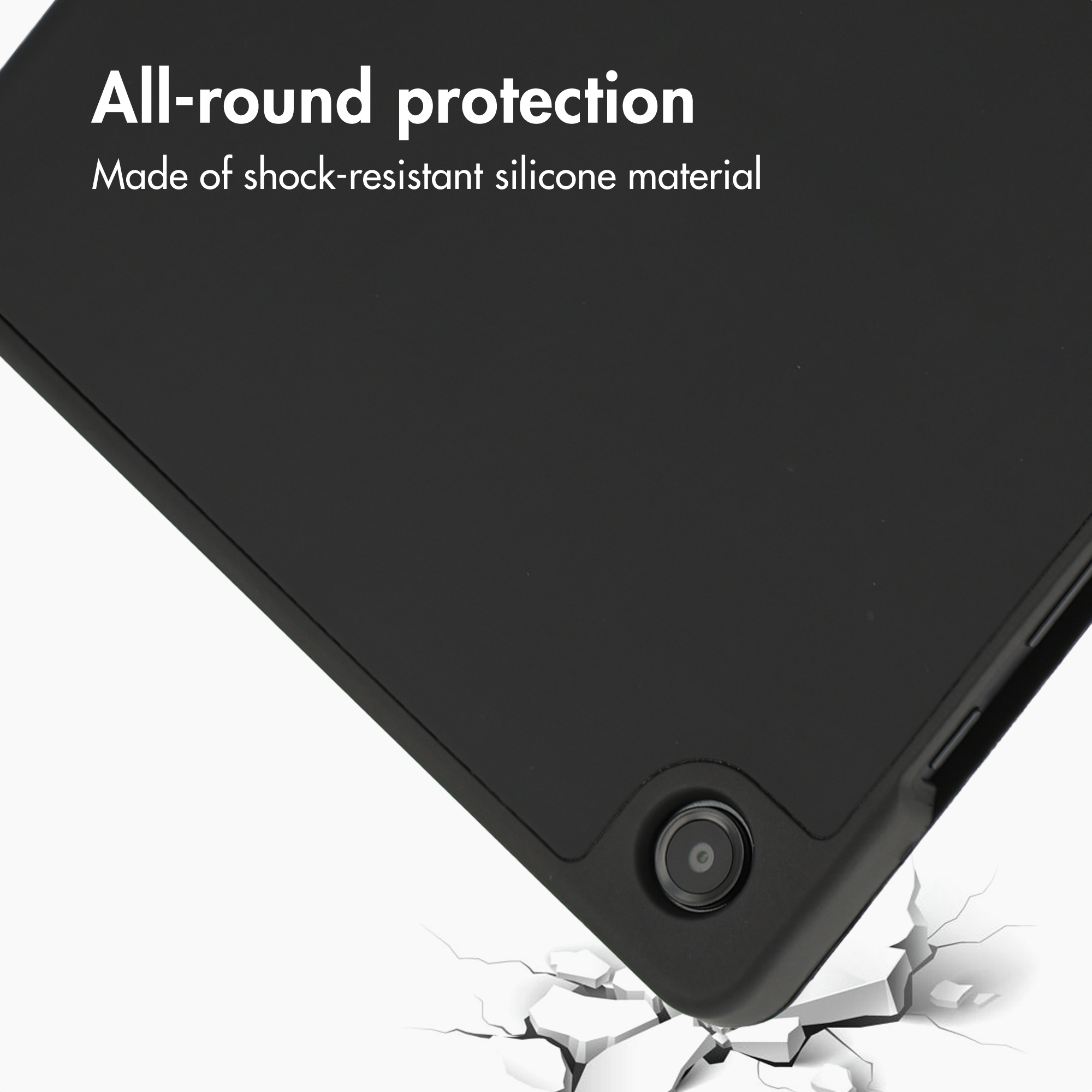 Black silicone protective case on shattered background with text All-round protection.
