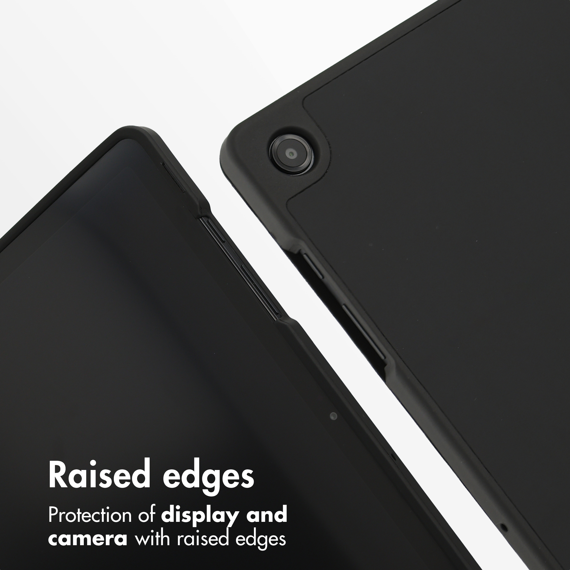 Raised edges protect the display and camera of a black tablet.