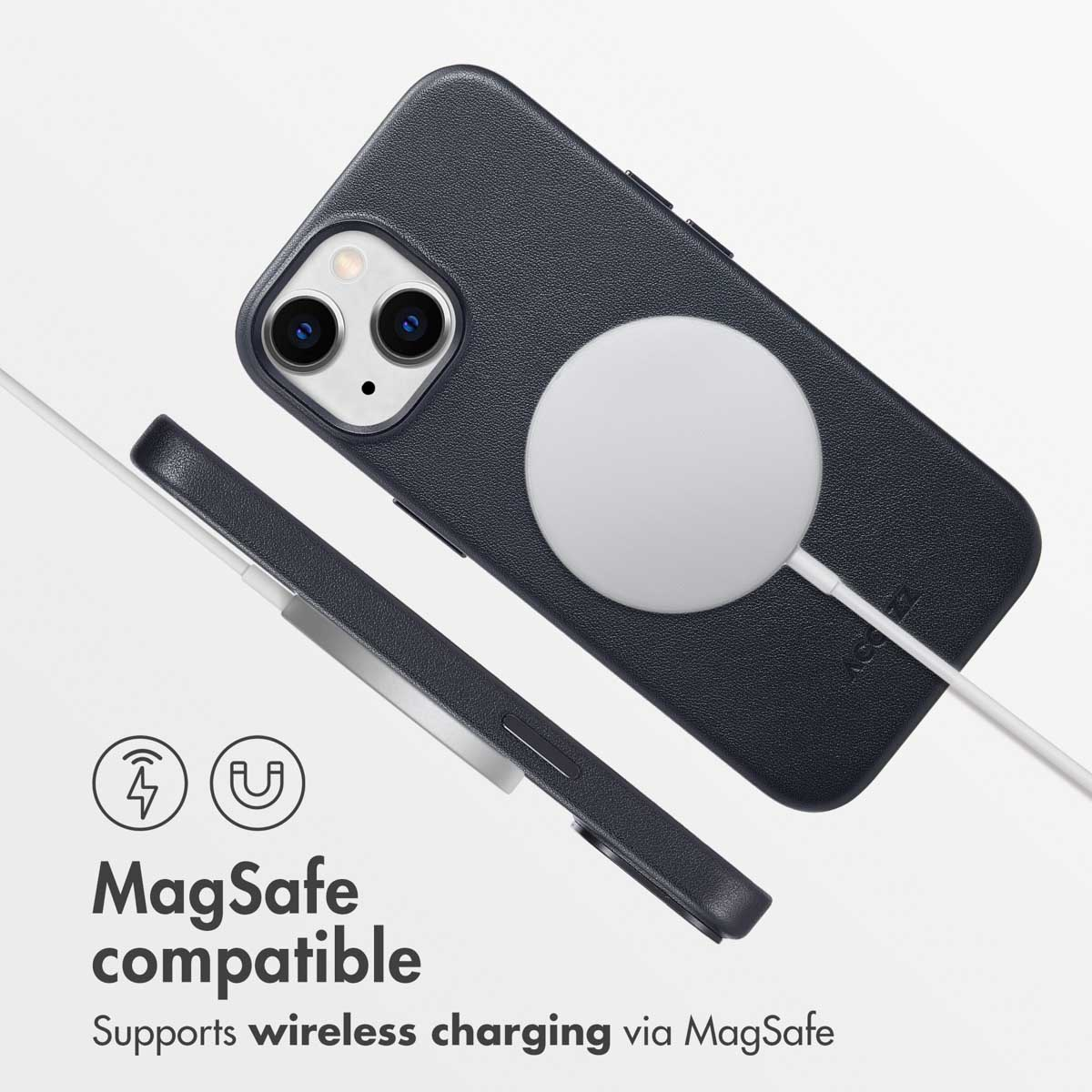 Custodia protettiva in pelle scura per smartphone con compatibilità MagSafe e ricarica wireless.