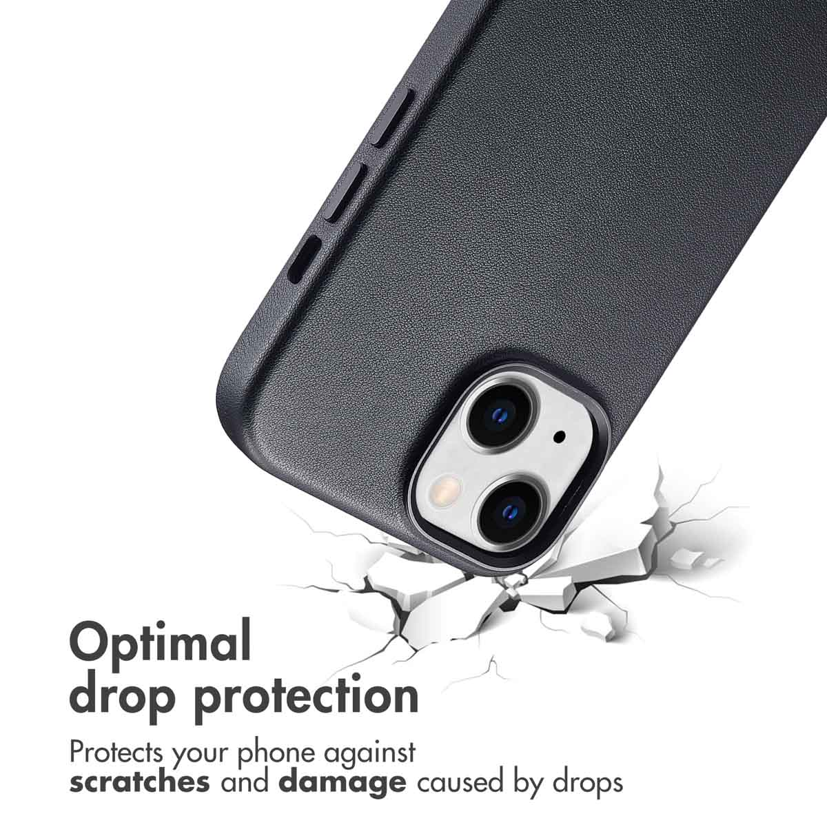 Una custodia nera per smartphone con testo sulla protezione contro le cadute su sfondo incrinato.
