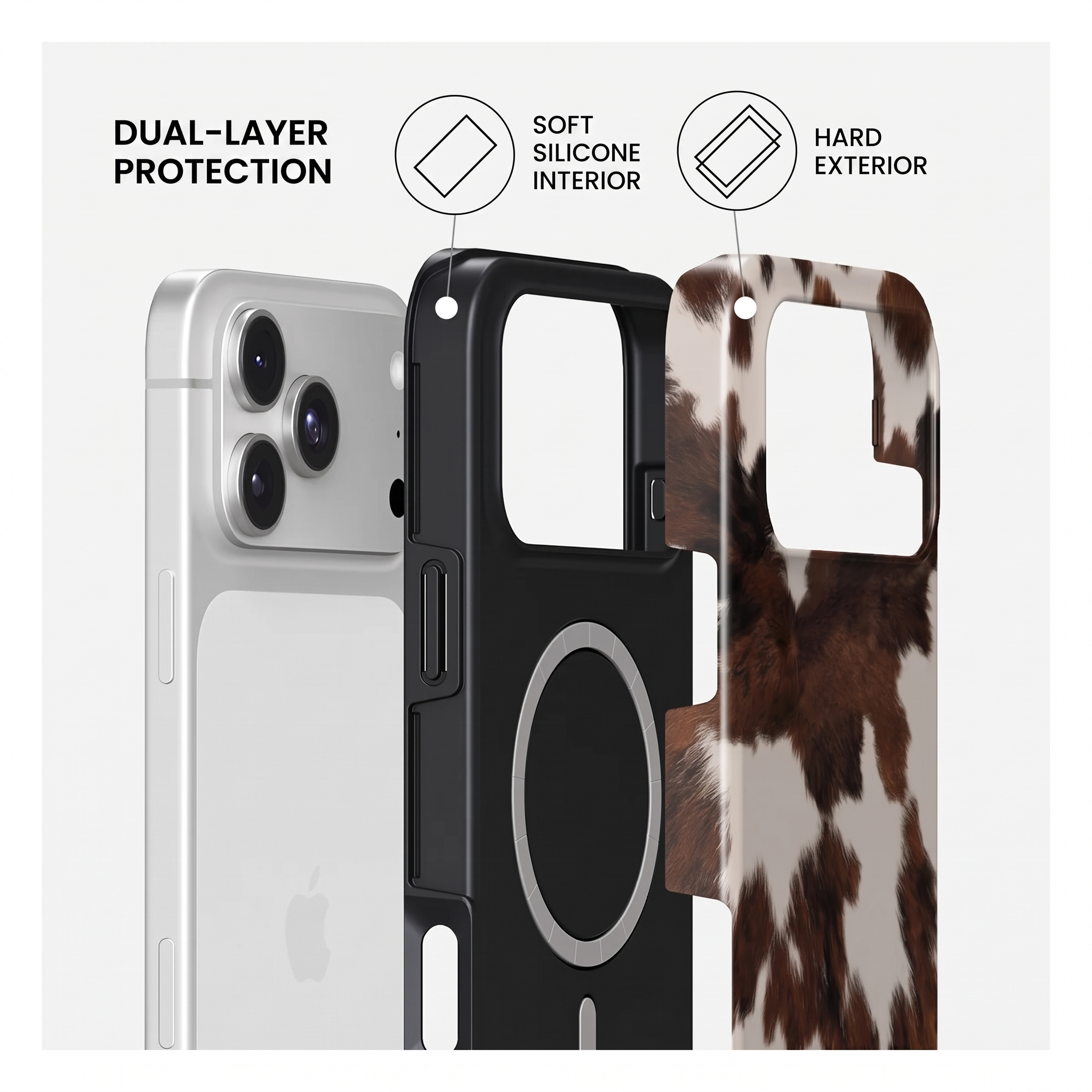 Diagramme montrant un téléphone avec double protection : intérieur en silicone souple et extérieur rigide façon vache.