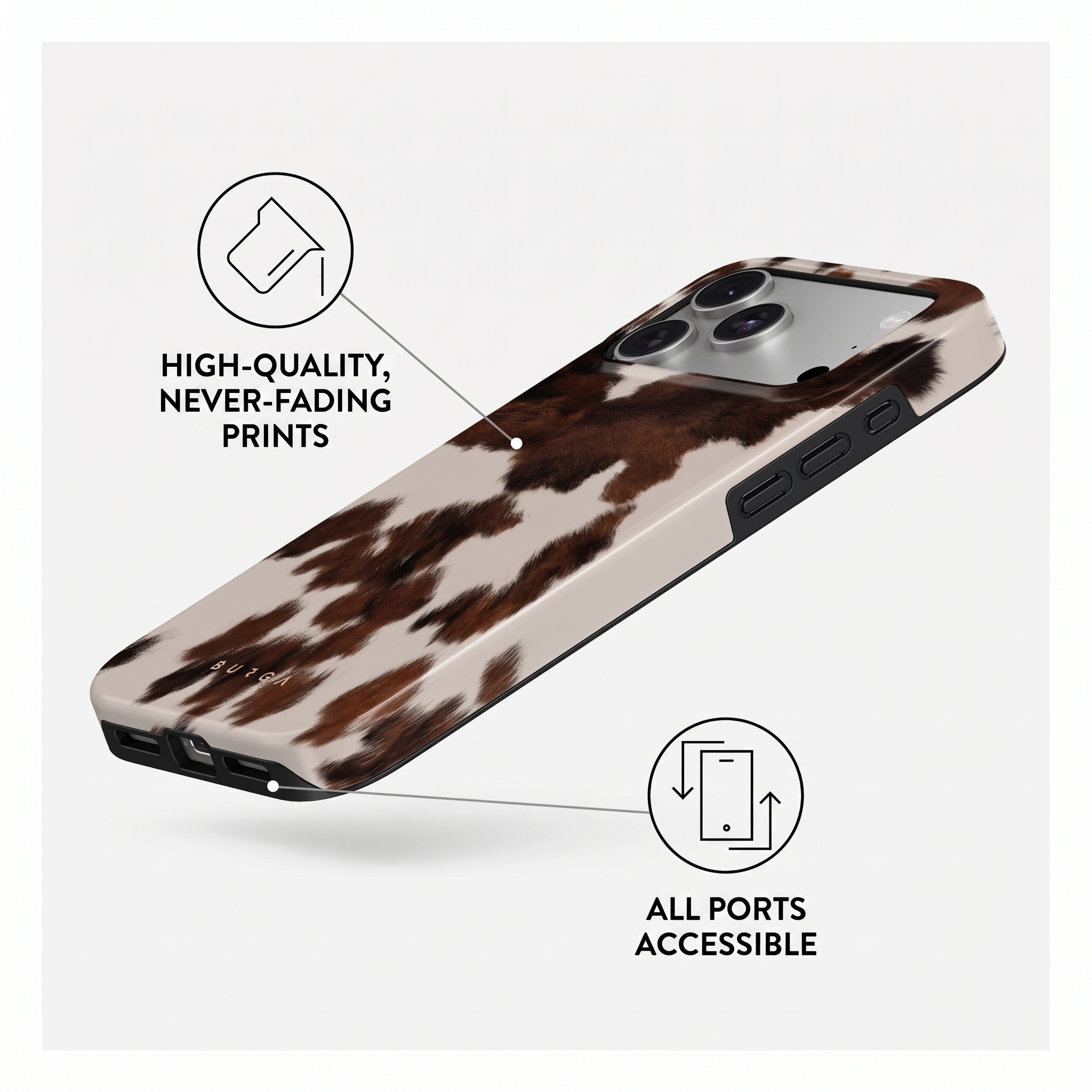 Coque de téléphone motif vache, texte soulignant les impressions durables et ports accessibles.